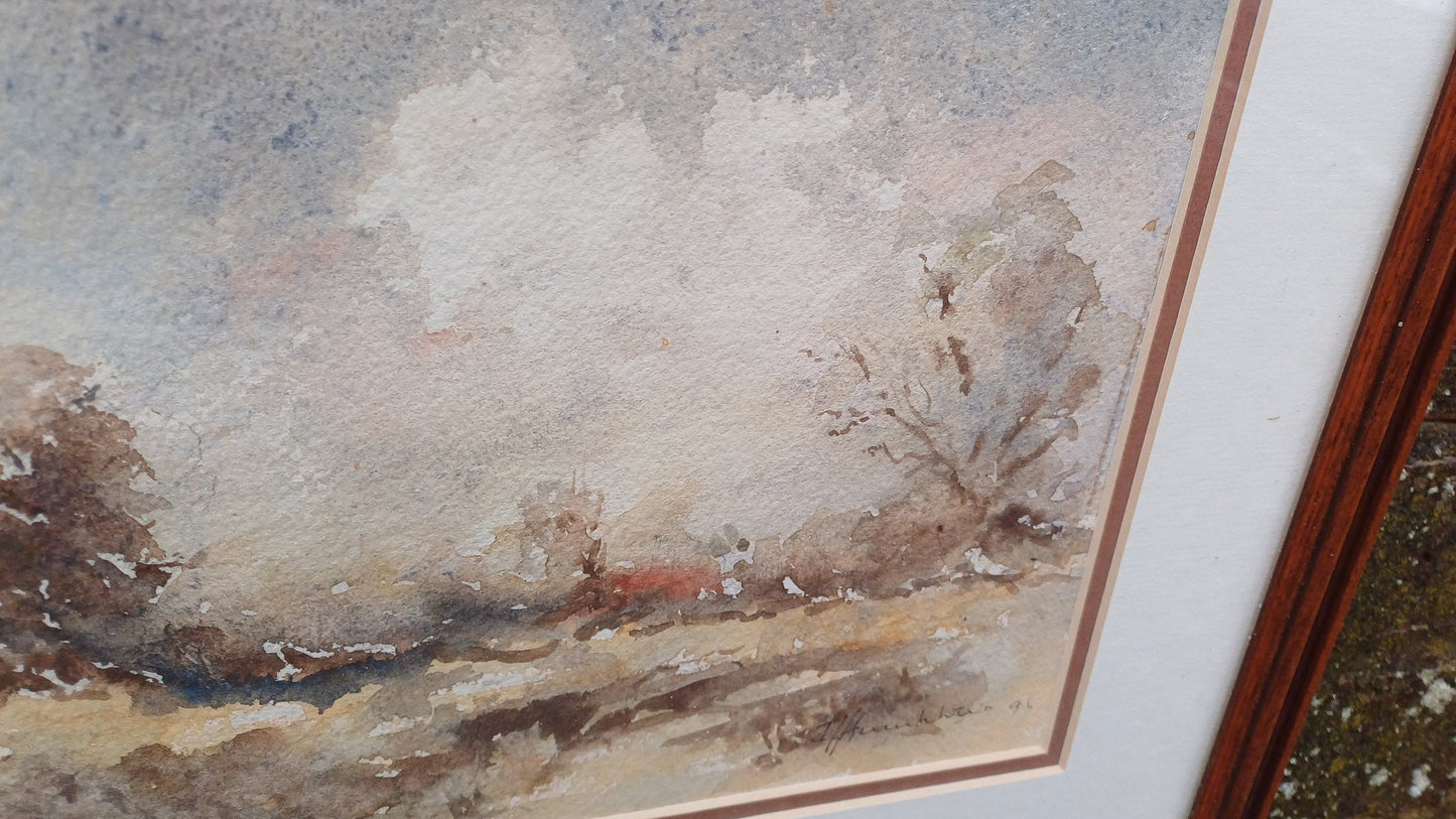 Authentic vintage watercolour by John Humphries, titled Late Autumn Landscape; original waer colour, vintage art framed watercolour