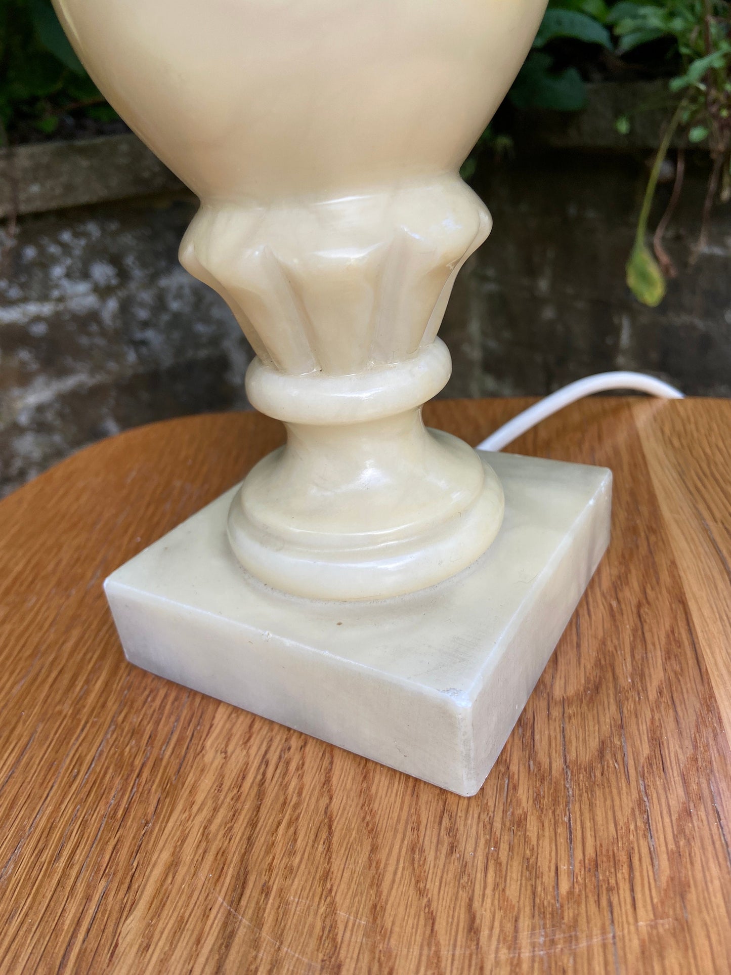 Vintage Charneca Alabaster traditional table lamp (good size) with superb 1980s vintage shade of green, pink & gold dust working table lamp