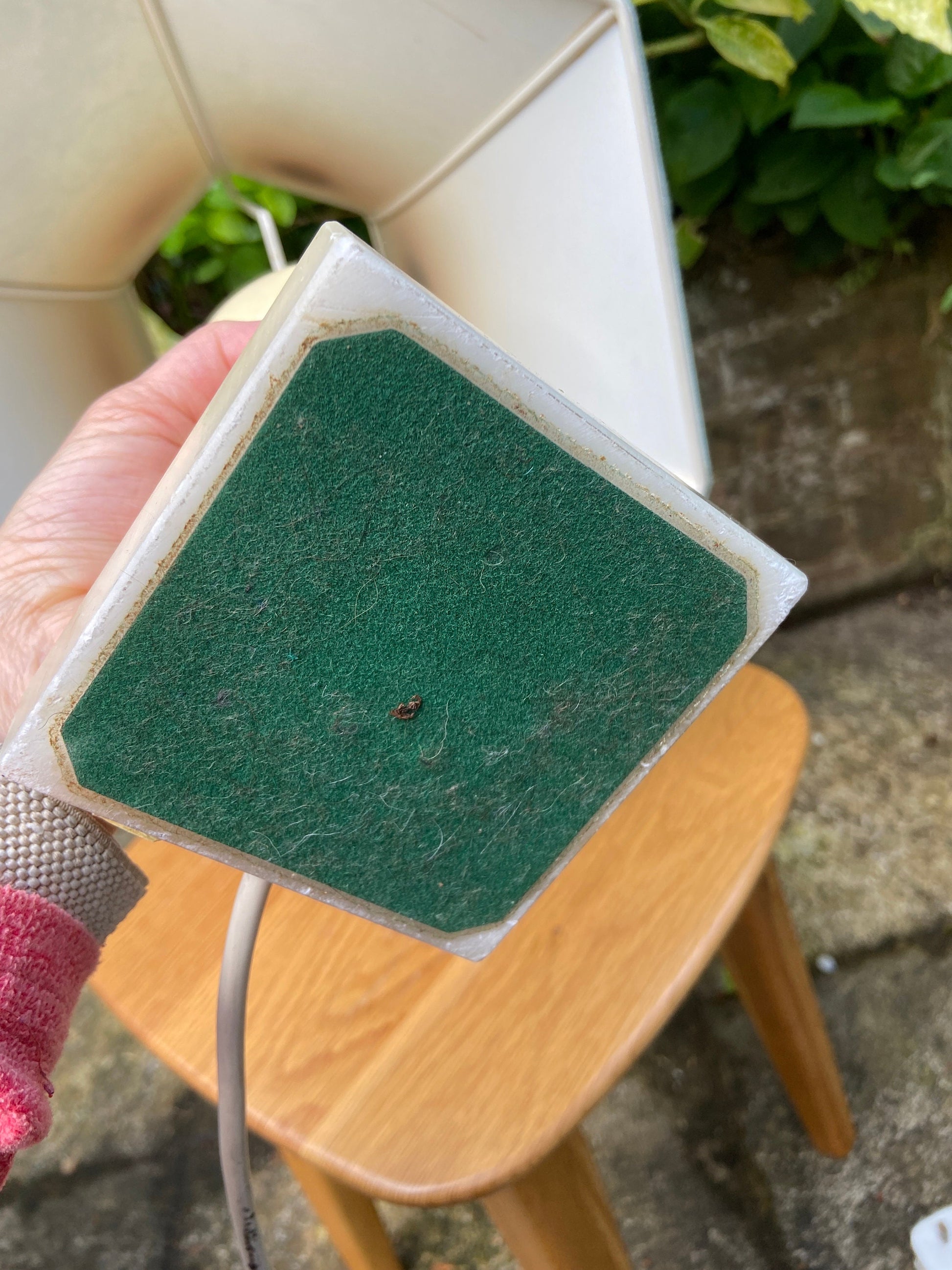 Vintage Charneca Alabaster traditional table lamp (good size) with superb 1980s vintage shade of green, pink & gold dust working table lamp