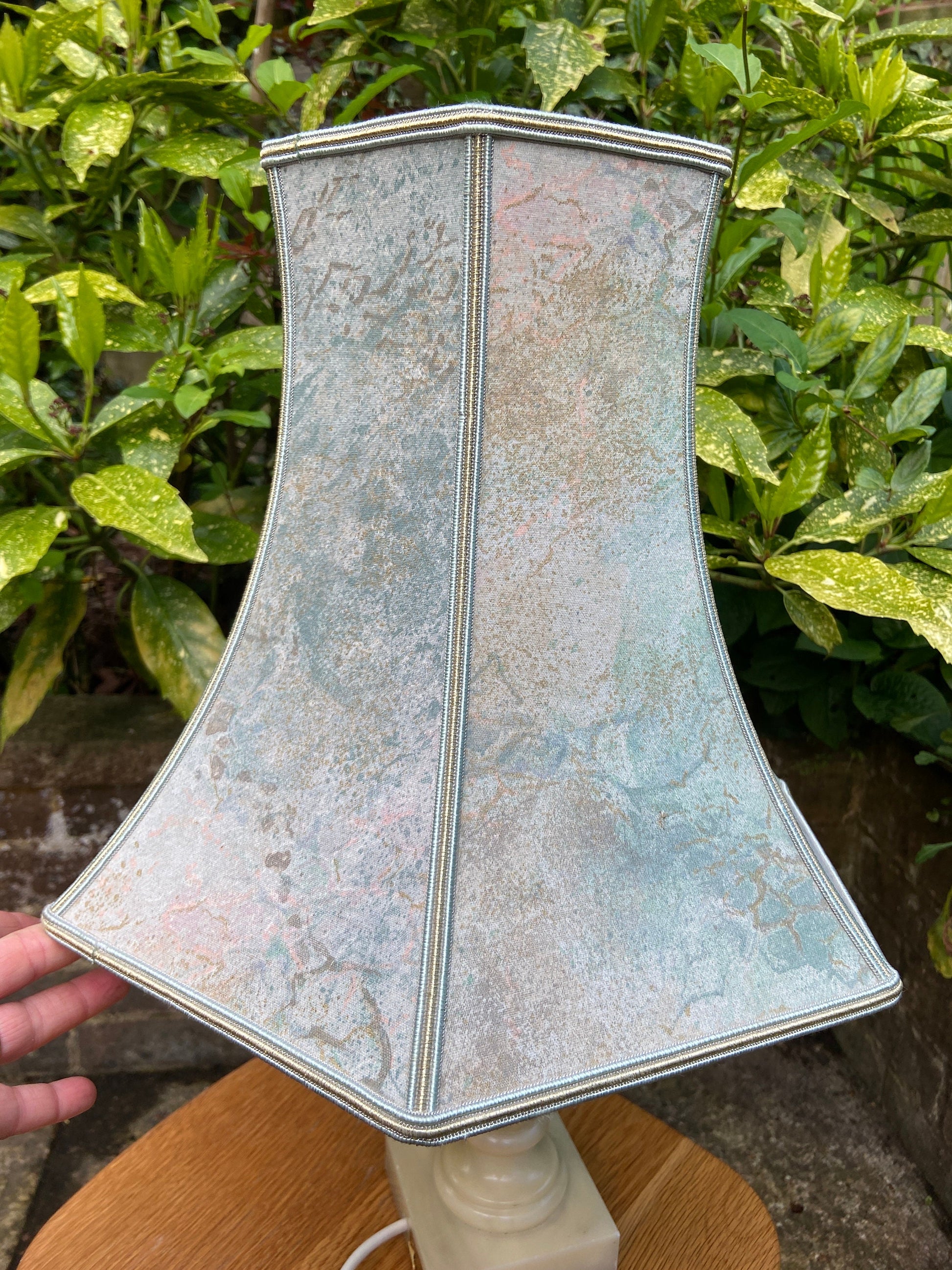 Vintage Charneca Alabaster traditional table lamp (good size) with superb 1980s vintage shade of green, pink & gold dust working table lamp