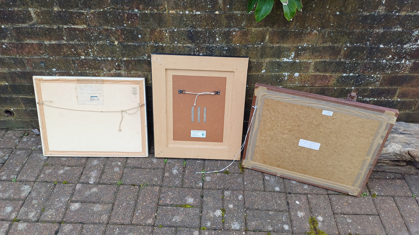 3 Large Vintage Superior Original Watercolours Landscape Countryside Agriculture Theme Picture Frames and Mounts. Salisbury and Sussex.