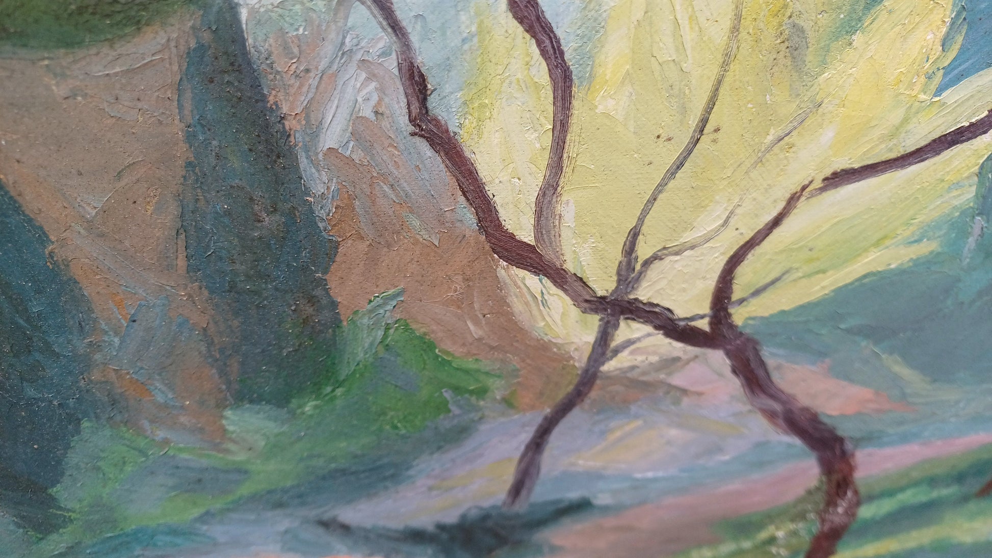 Original vintage oil painting of trees, landscape, naive art