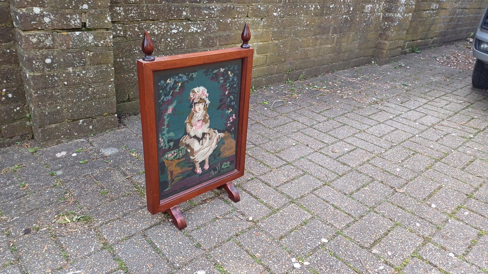 Vintage Tapestry Mahogany Fire Screen Guard of Victorian Child