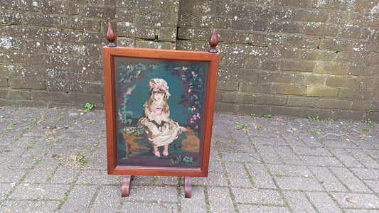 Vintage Tapestry Mahogany Fire Screen Guard of Victorian Child
