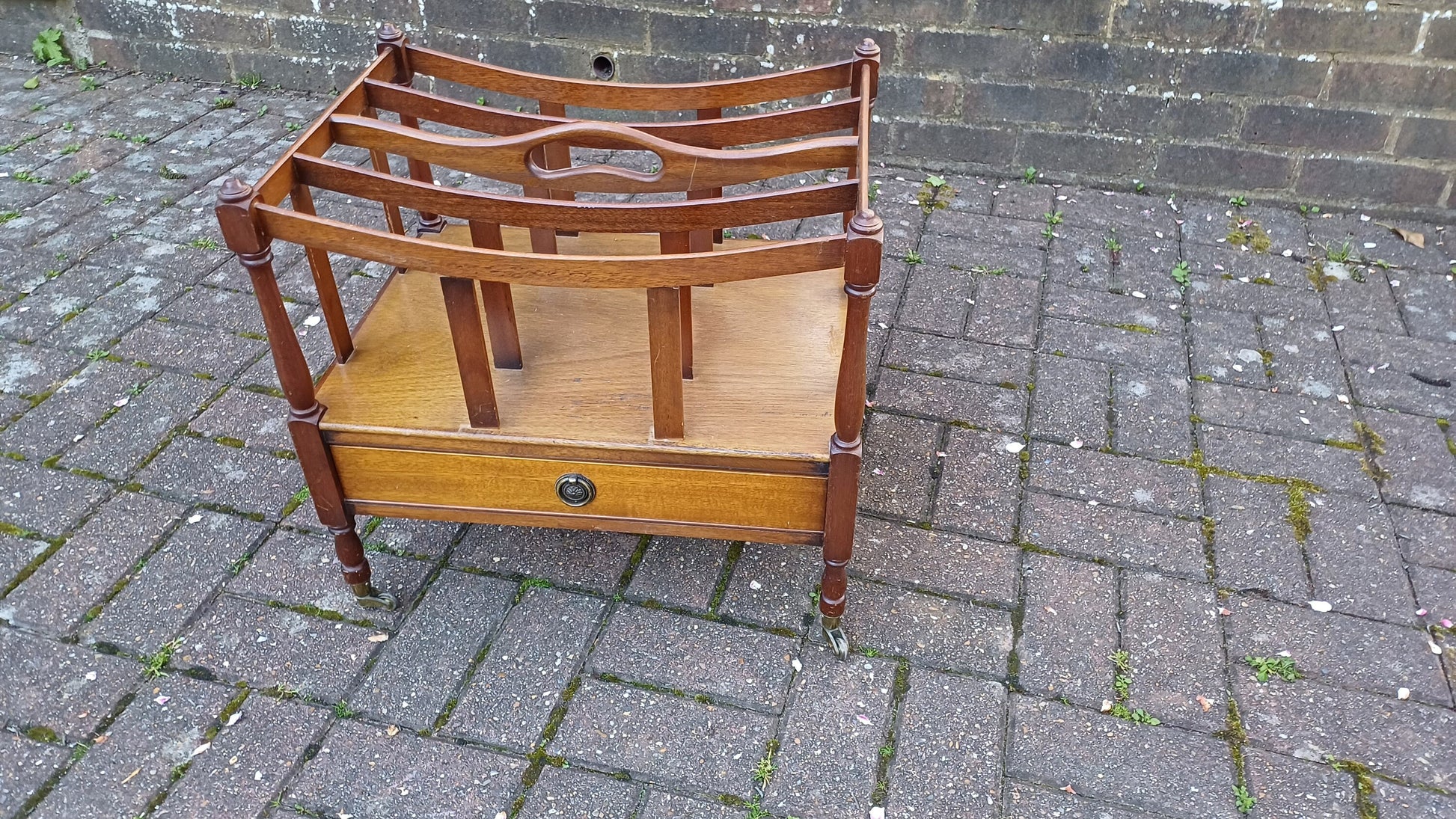 Vintage Mahogany Magazine Rack Canterbury with Drawer.