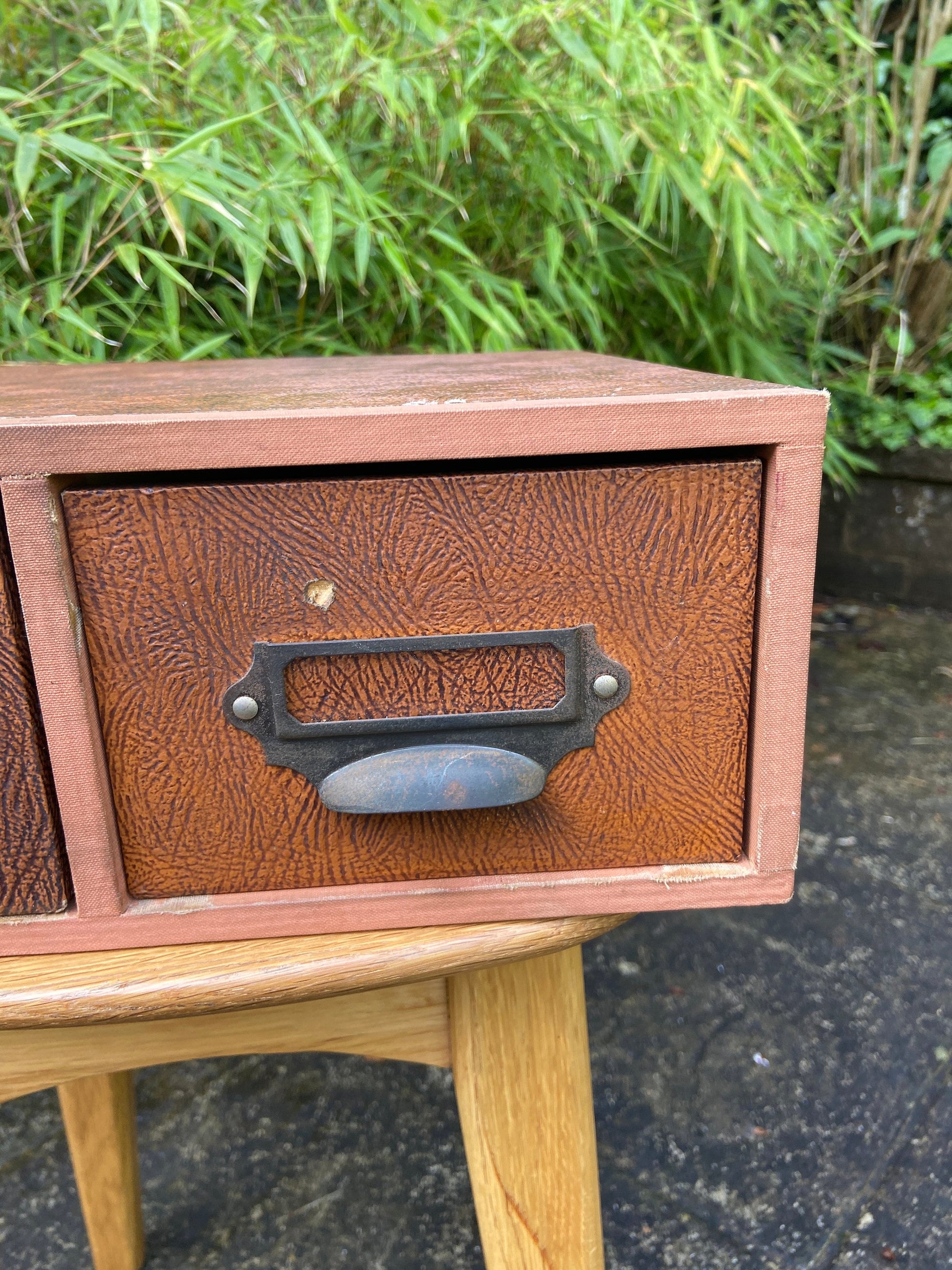 Vintage filing drawers, storage drawers, office storage - Mock crocodile skin, Faux animal skin, authentic, metal label holders