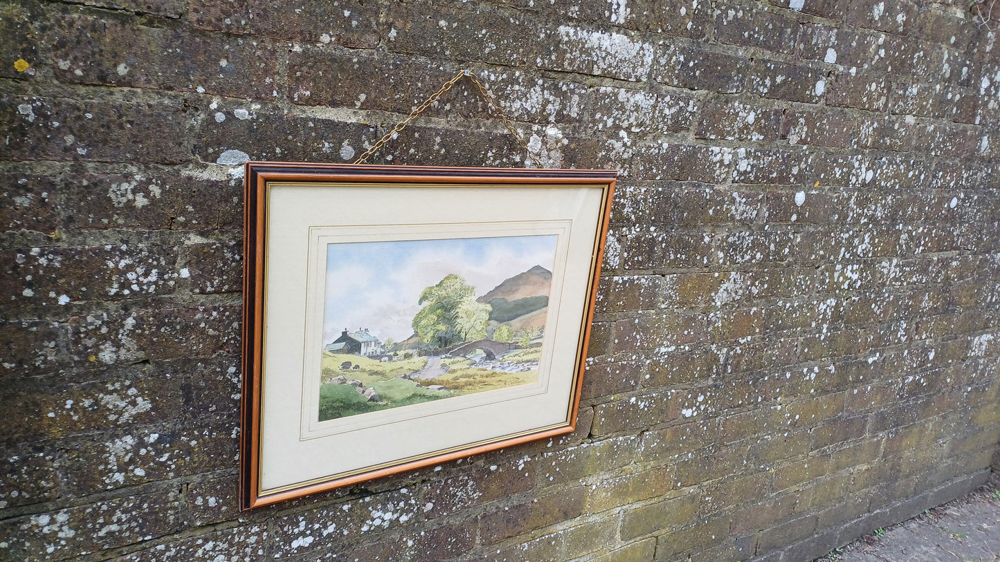 Vintage watercolour painting of Lake District, Cumbria - river, stone bridge, farmhouse, fells, by John Cornforth of Ambleside, orignal