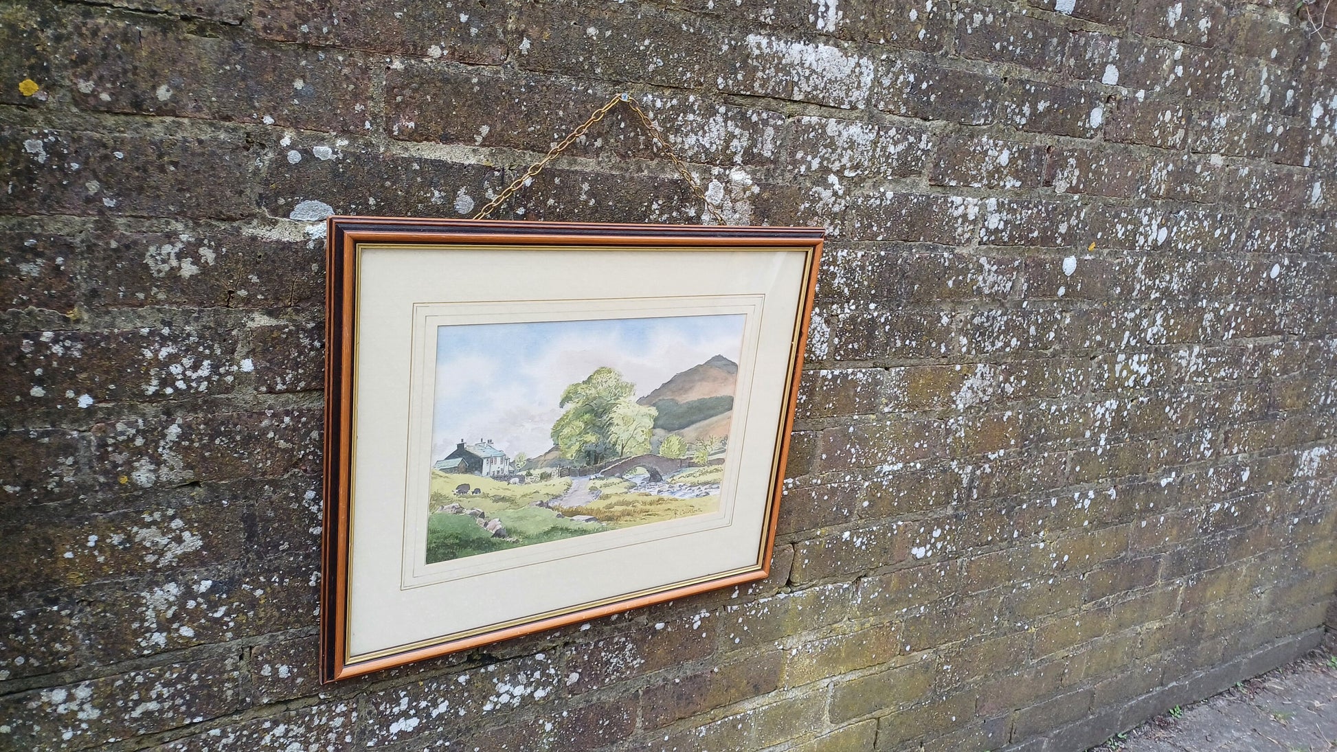 Vintage watercolour painting of Lake District, Cumbria - river, stone bridge, farmhouse, fells, by John Cornforth of Ambleside, orignal