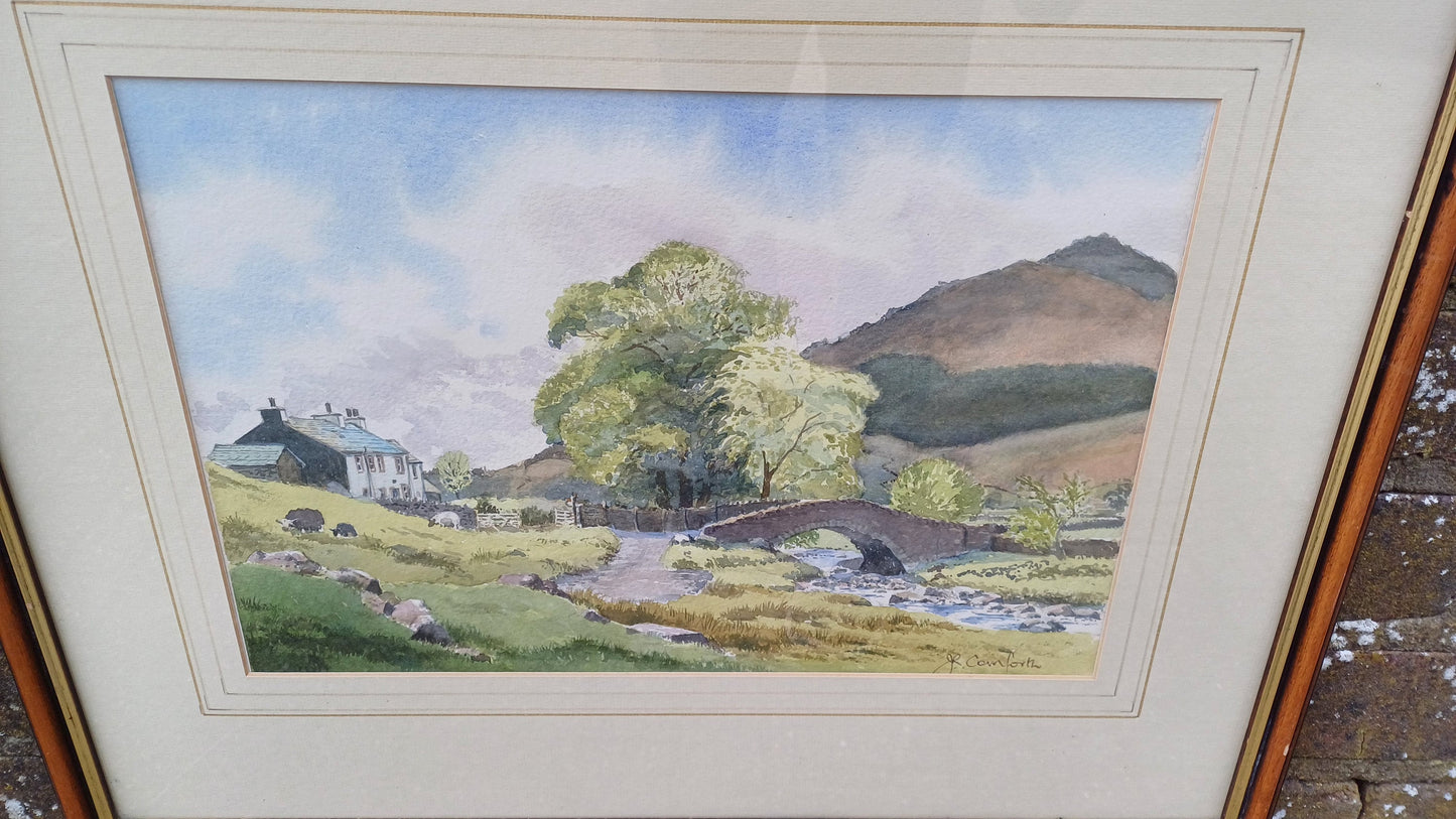 Vintage watercolour painting of Lake District, Cumbria - river, stone bridge, farmhouse, fells, by John Cornforth of Ambleside, orignal