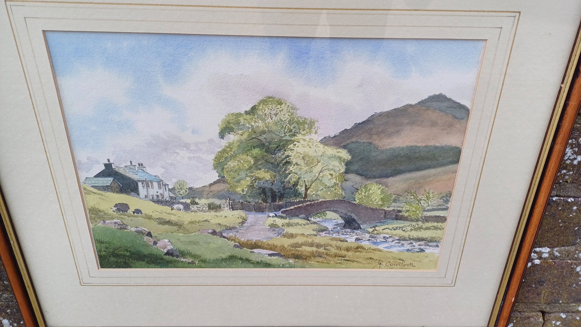 Vintage watercolour painting of Lake District, Cumbria - river, stone bridge, farmhouse, fells, by John Cornforth of Ambleside, orignal