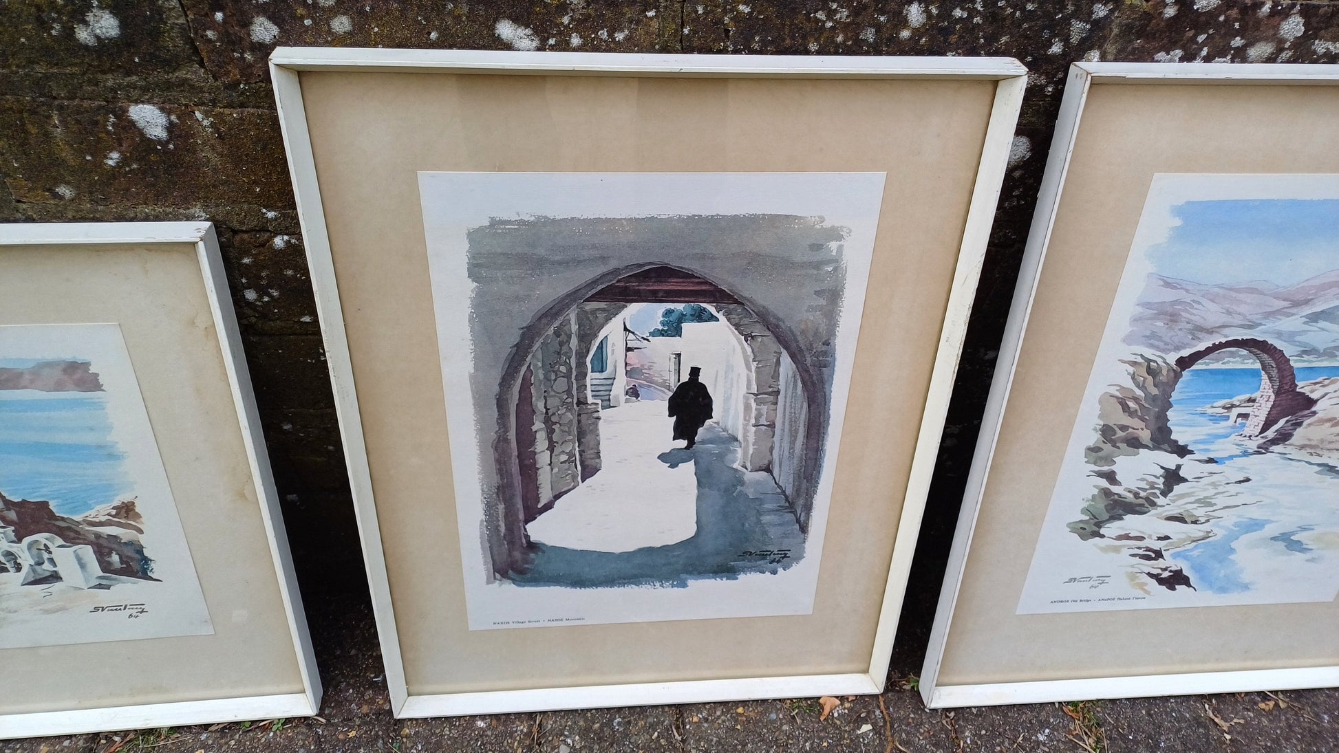 Four vintage prints of Greek scenes by Stamatis Vassiliou 1964 , framed in retro wooden white frame, Andros, Santorini, Naxos