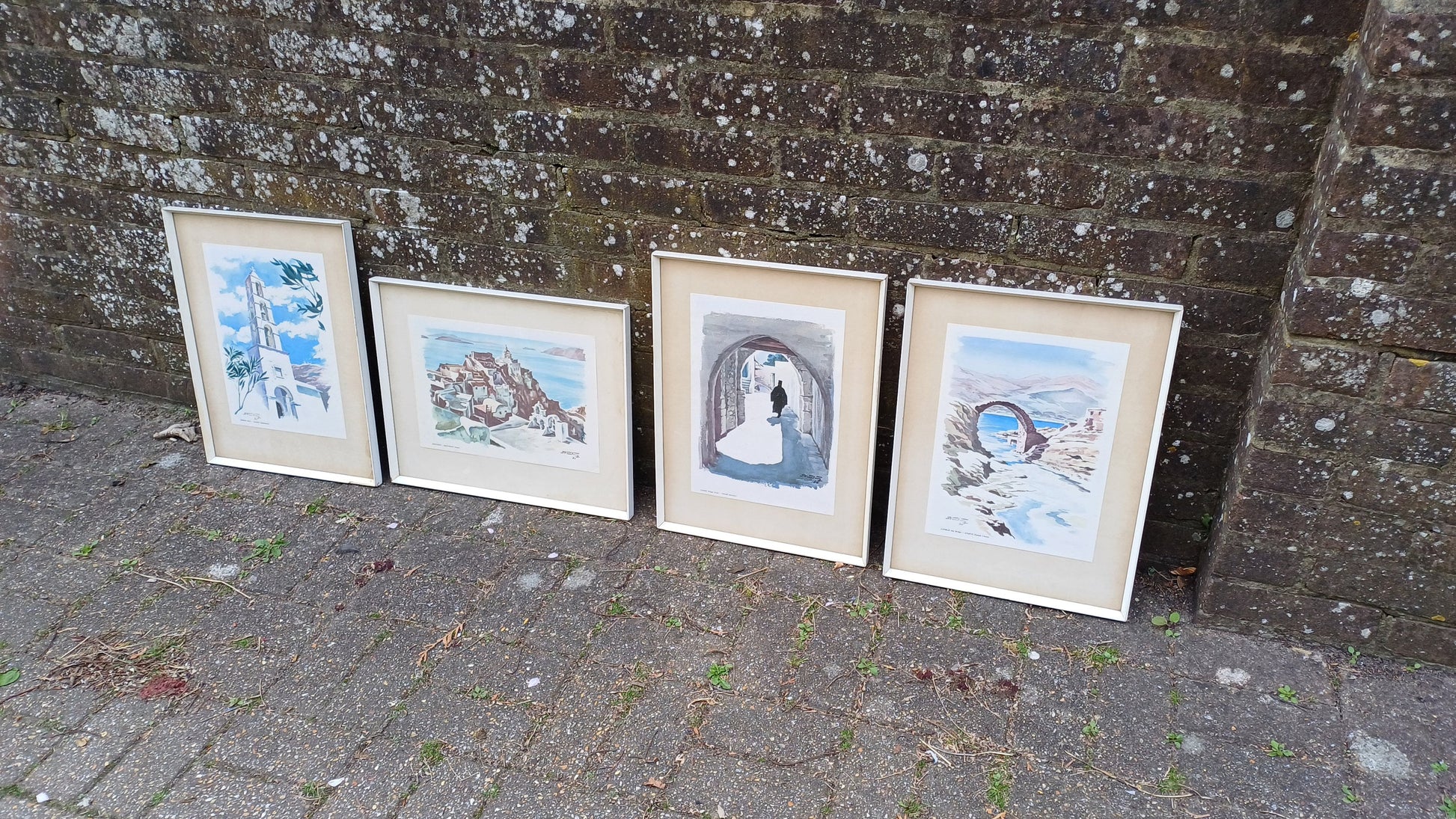 Four vintage prints of Greek scenes by Stamatis Vassiliou 1964 , framed in retro wooden white frame, Andros, Santorini, Naxos