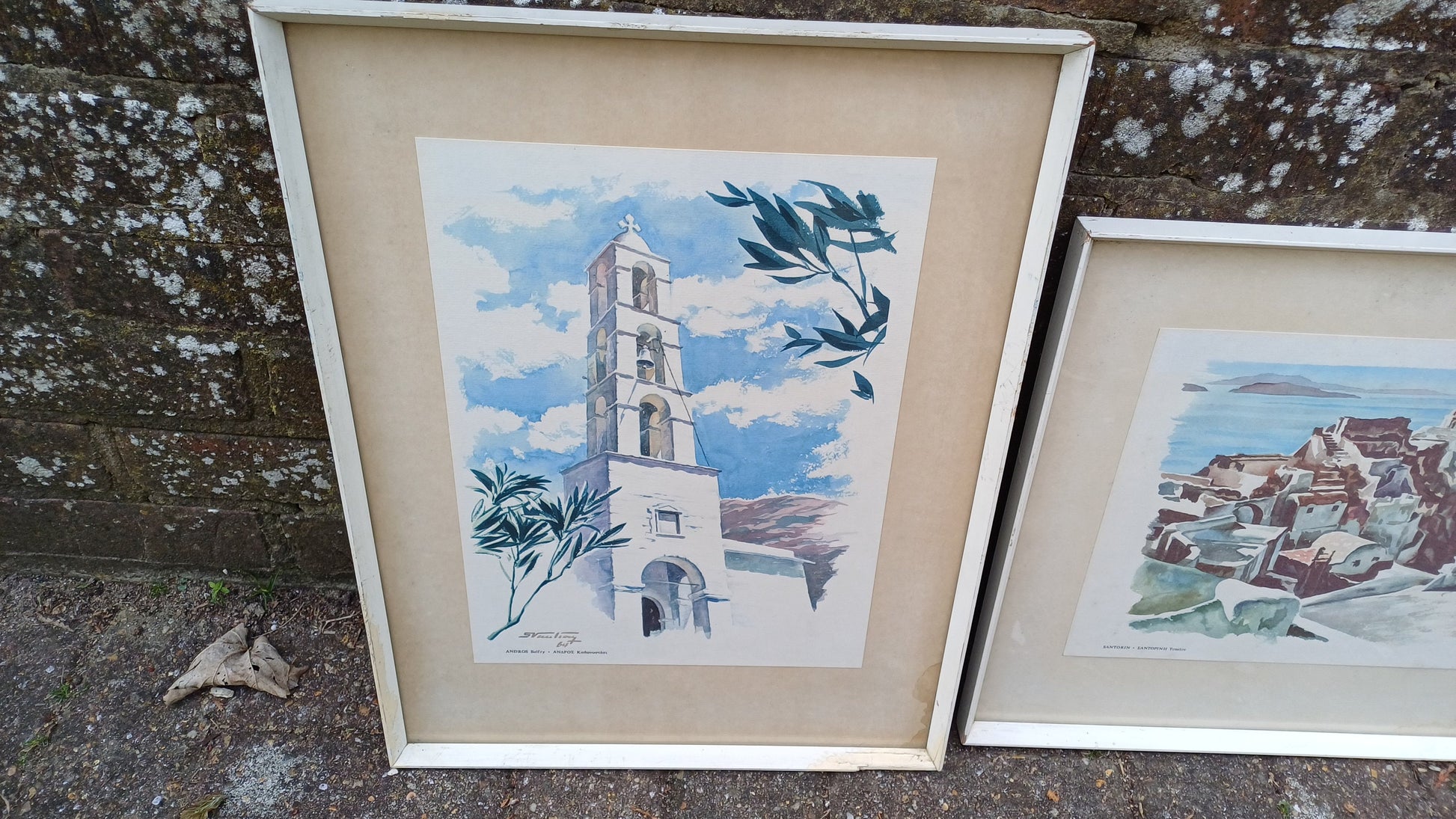 Four vintage prints of Greek scenes by Stamatis Vassiliou 1964 , framed in retro wooden white frame, Andros, Santorini, Naxos