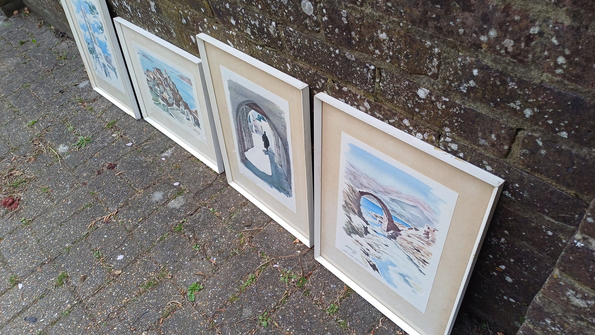 Four vintage prints of Greek scenes by Stamatis Vassiliou 1964 , framed in retro wooden white frame, Andros, Santorini, Naxos