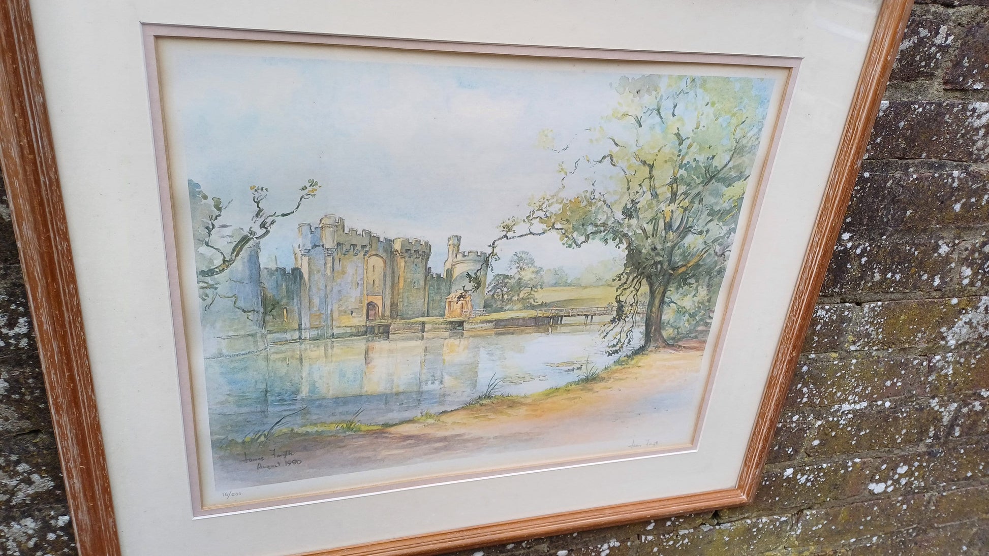 Framed vintage signed print of Bodiam Castle, Sussex by James Forsyth - wooden frame glazed, no. 16/500