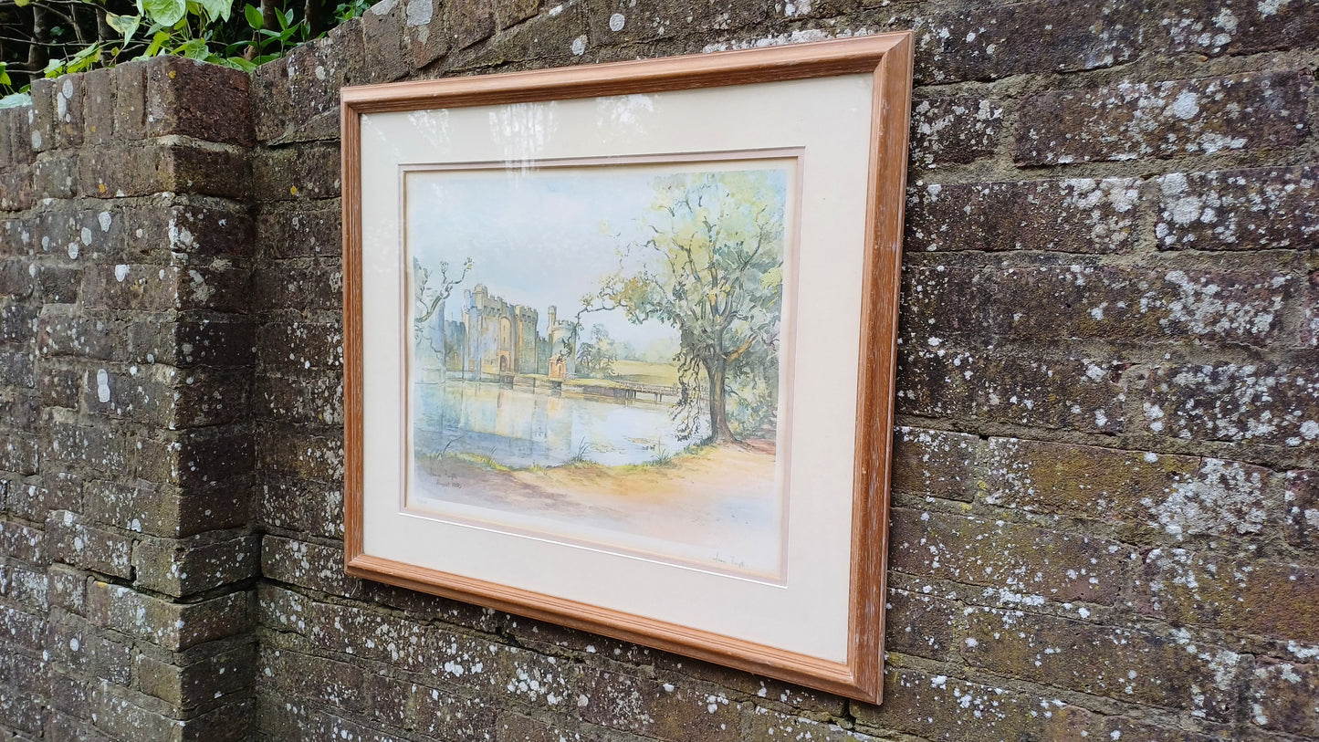 Framed vintage signed print of Bodiam Castle, Sussex by James Forsyth - wooden frame glazed, no. 16/500