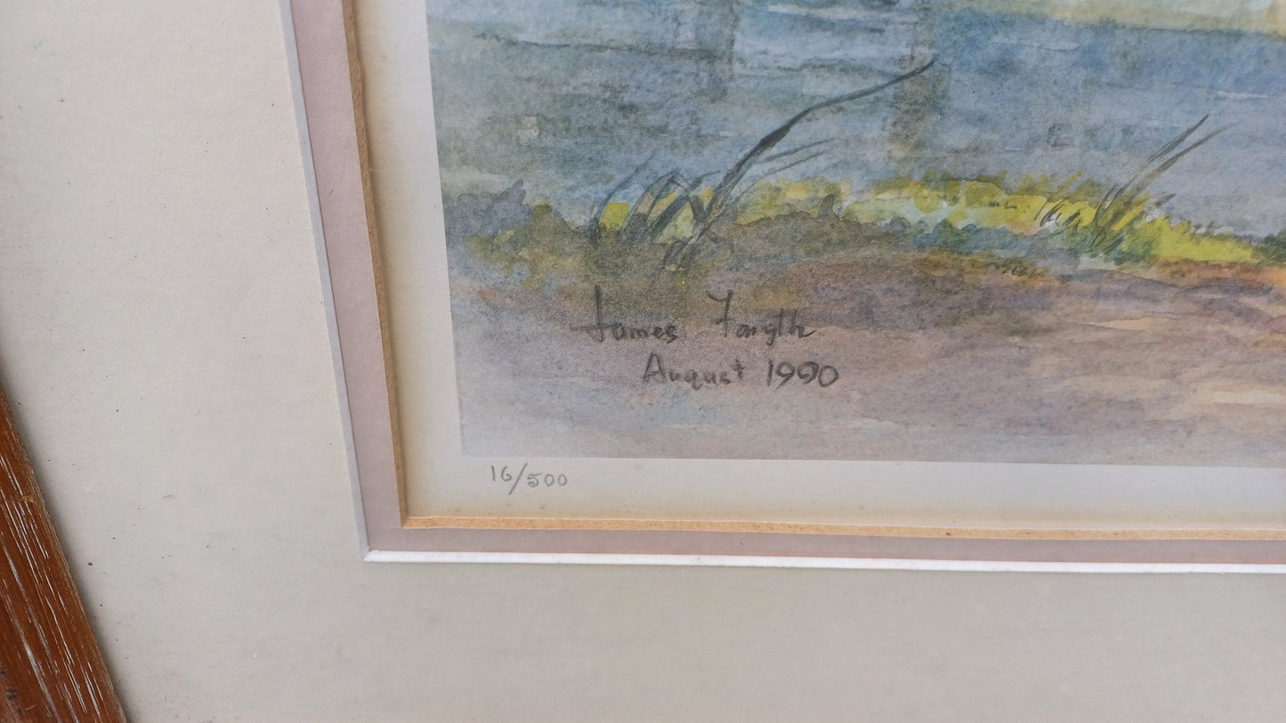Framed vintage signed print of Bodiam Castle, Sussex by James Forsyth - wooden frame glazed, no. 16/500