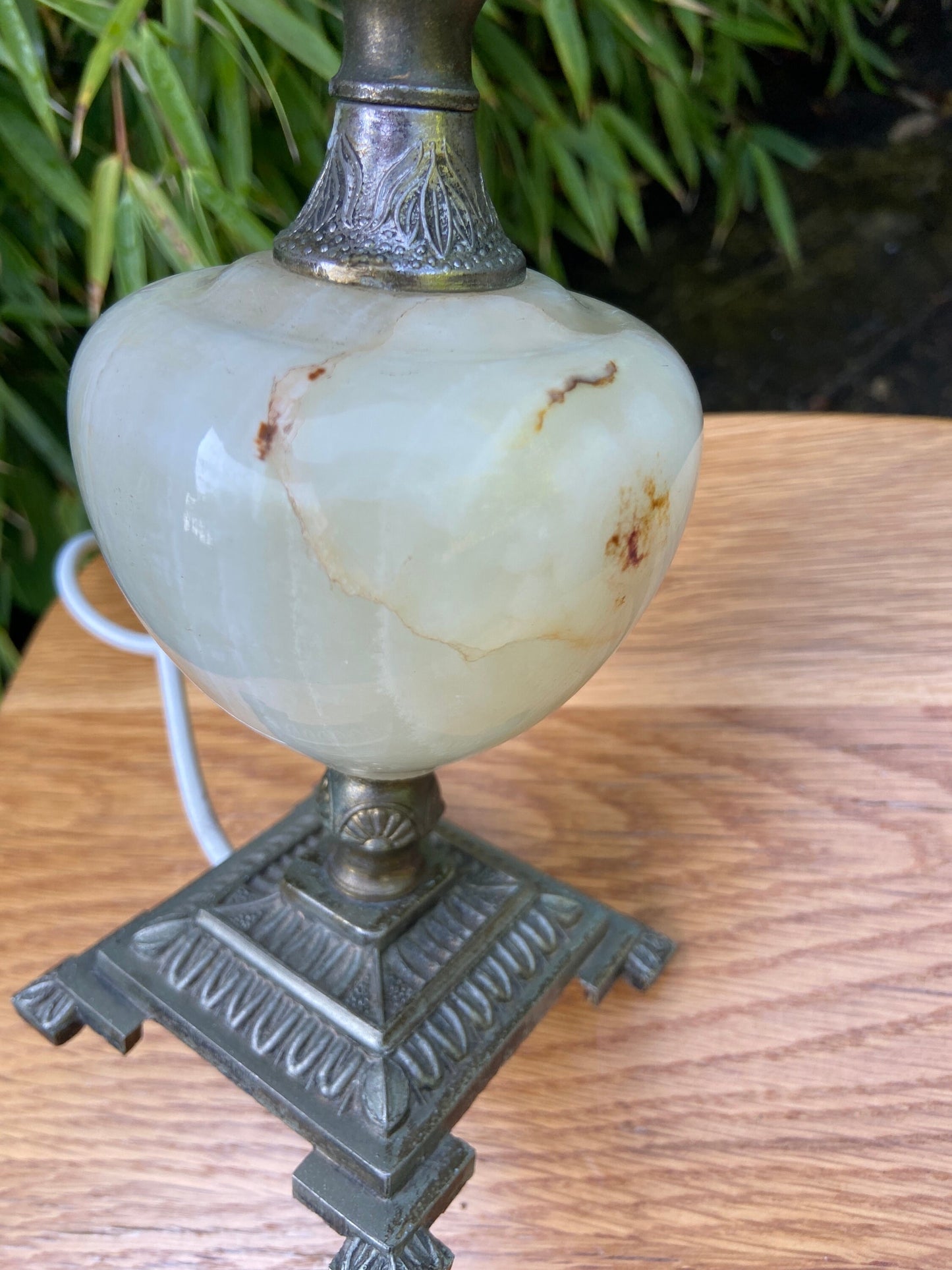 Ornate vintage Onyx Lamp - Green onyx with stripes, and cream inserted stone, ornate metal square base and stem