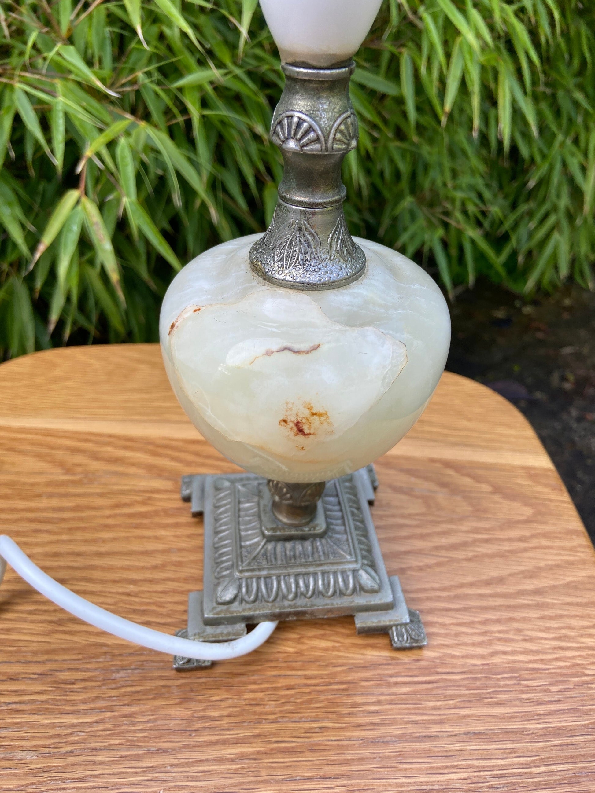 Ornate vintage Onyx Lamp - Green onyx with stripes, and cream inserted stone, ornate metal square base and stem