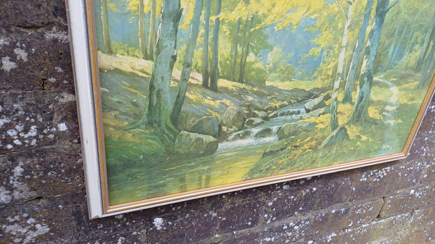 Marvellous Retro Print of an Erich Kruger forest tree and river print, framed in retro wooden frame