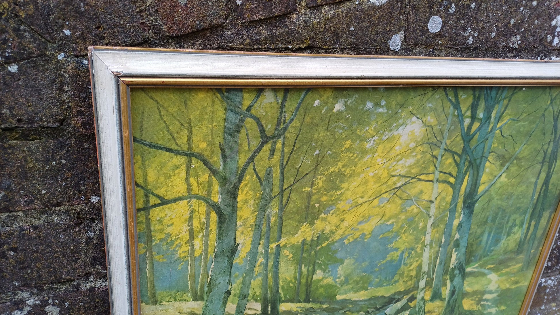 Marvellous Retro Print of an Erich Kruger forest tree and river print, framed in retro wooden frame