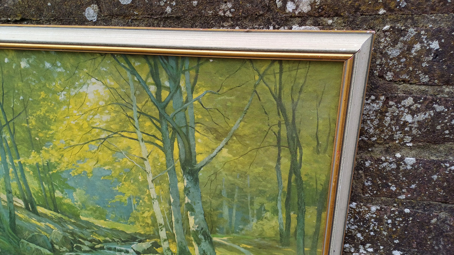 Marvellous Retro Print of an Erich Kruger forest tree and river print, framed in retro wooden frame