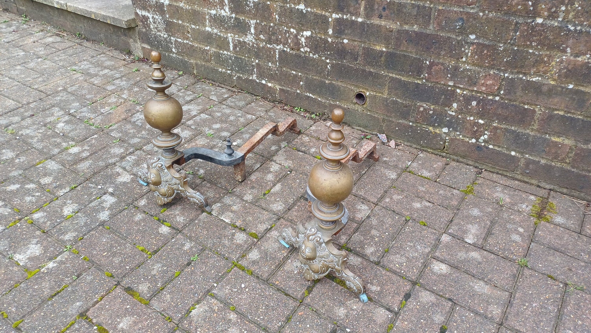 Magnificent Pair Victorian Vintage Brass and Iron Fire Dogs Naked Breasted Lady of the Sea.