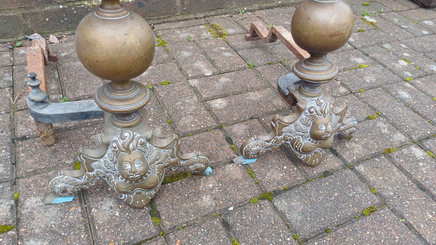 Magnificent Pair Victorian Vintage Brass and Iron Fire Dogs Naked Breasted Lady of the Sea.