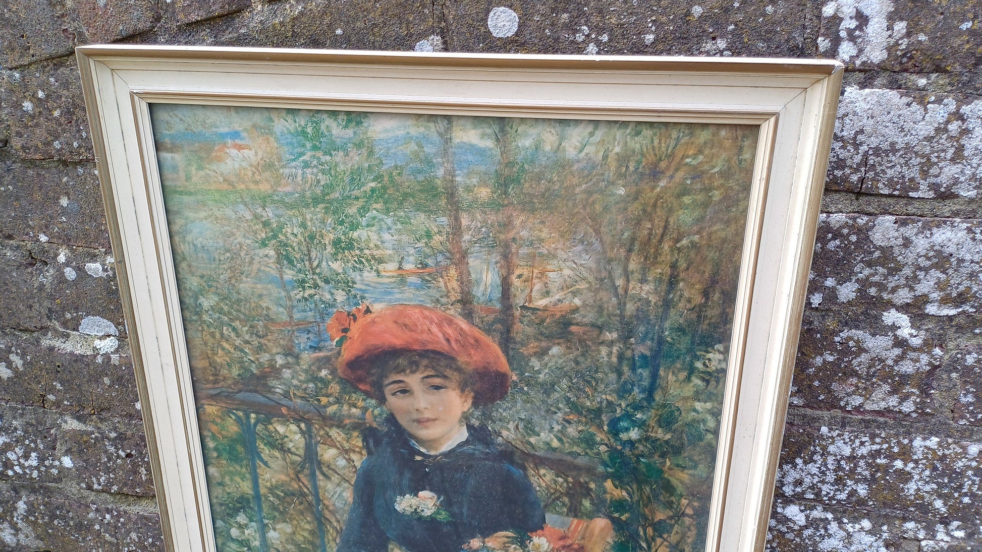 Large Iconic Vintage Impressionist Print ‘Two Sisters (On the Terrace)’ by Pierre-Auguste Renoir in Glazed Wooden Frame.