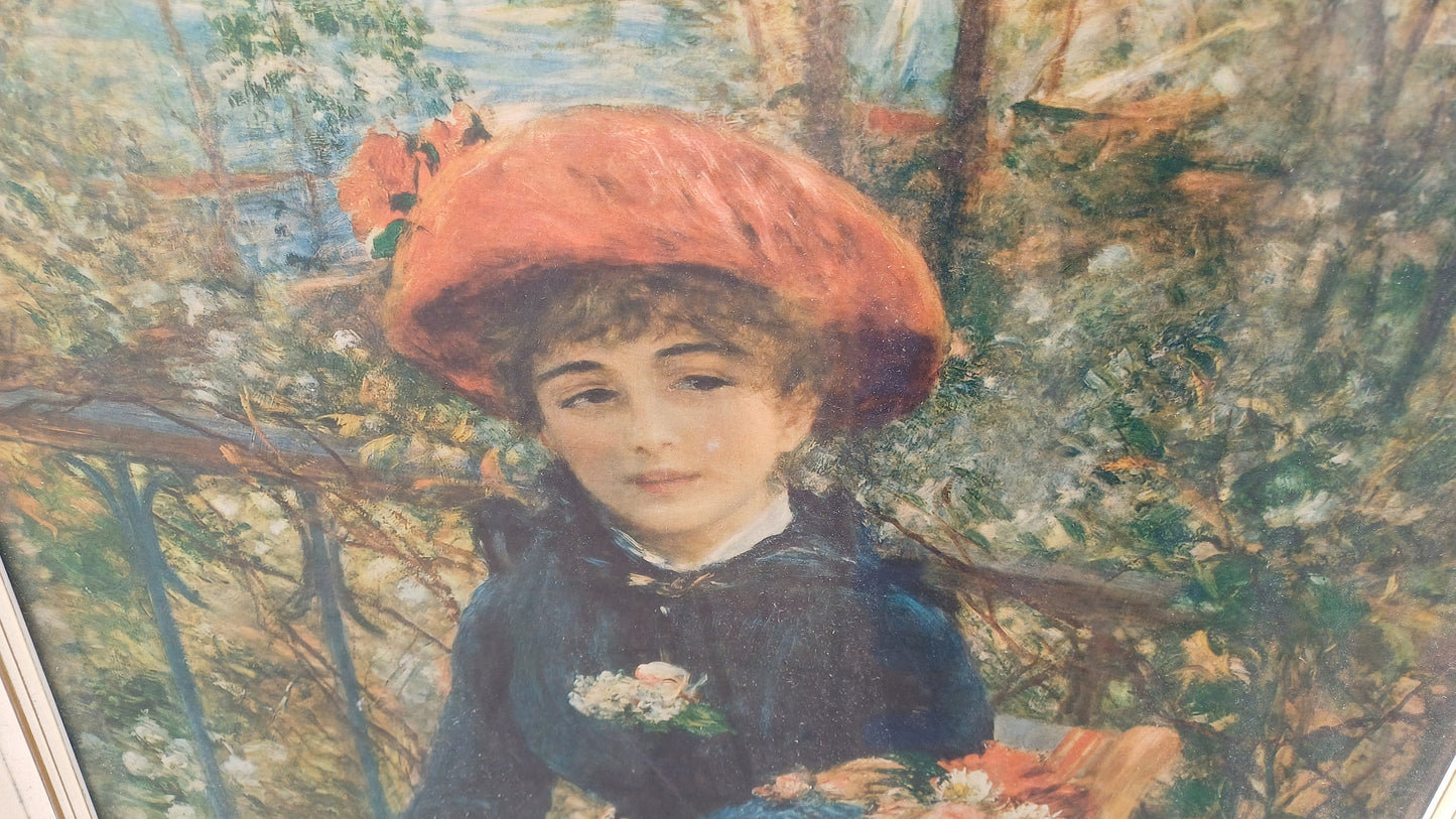 Large Iconic Vintage Impressionist Print ‘Two Sisters (On the Terrace)’ by Pierre-Auguste Renoir in Glazed Wooden Frame.