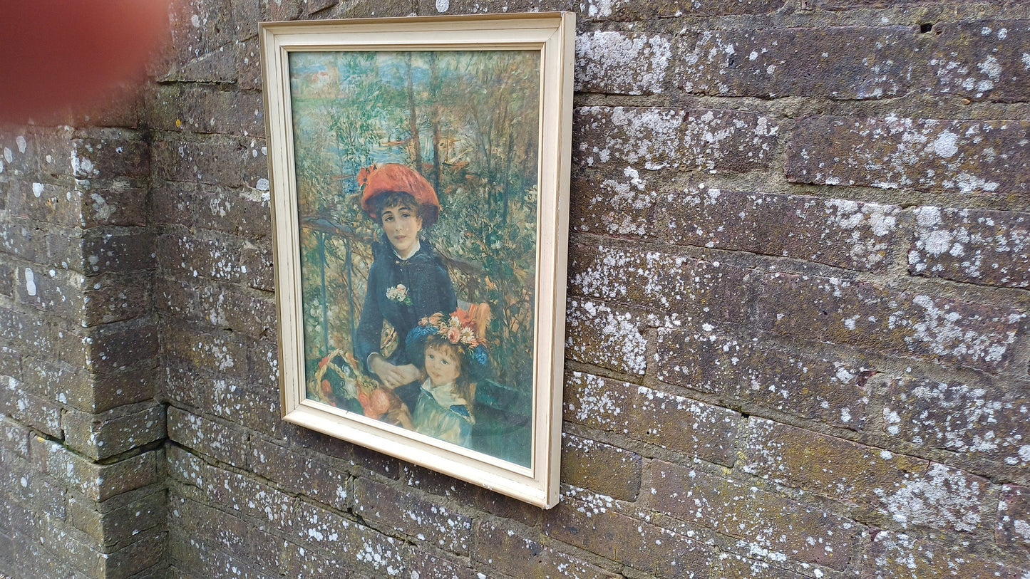 Large Iconic Vintage Impressionist Print ‘Two Sisters (On the Terrace)’ by Pierre-Auguste Renoir in Glazed Wooden Frame.