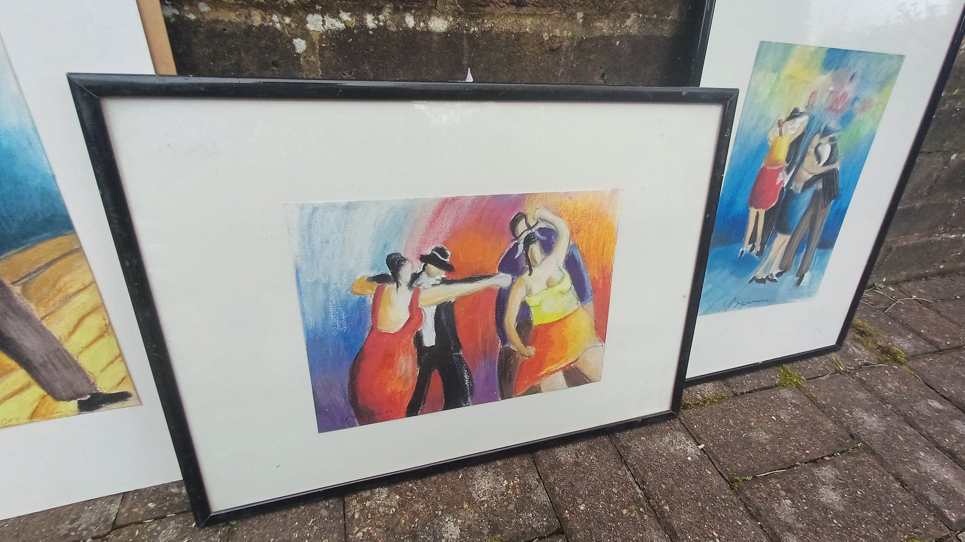 Quirky Spanish Dancers Set of Three Original Signed Pastel Paintings by Corinne Brenner.