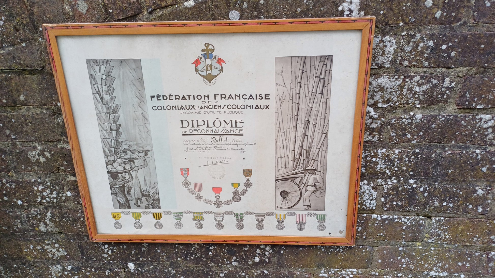 Original 1942 certificate of recognition for Deputy Mayor - French colonial, war medals, colonial scenes, 1930s 1940s wooden glazed frame