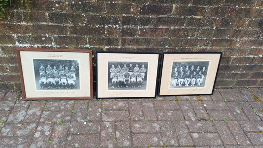 Three wonderful sports team photos from 1930s in vintage glazed frames - Mount Radford School, Exeter, Devon - football, cricket, rugby