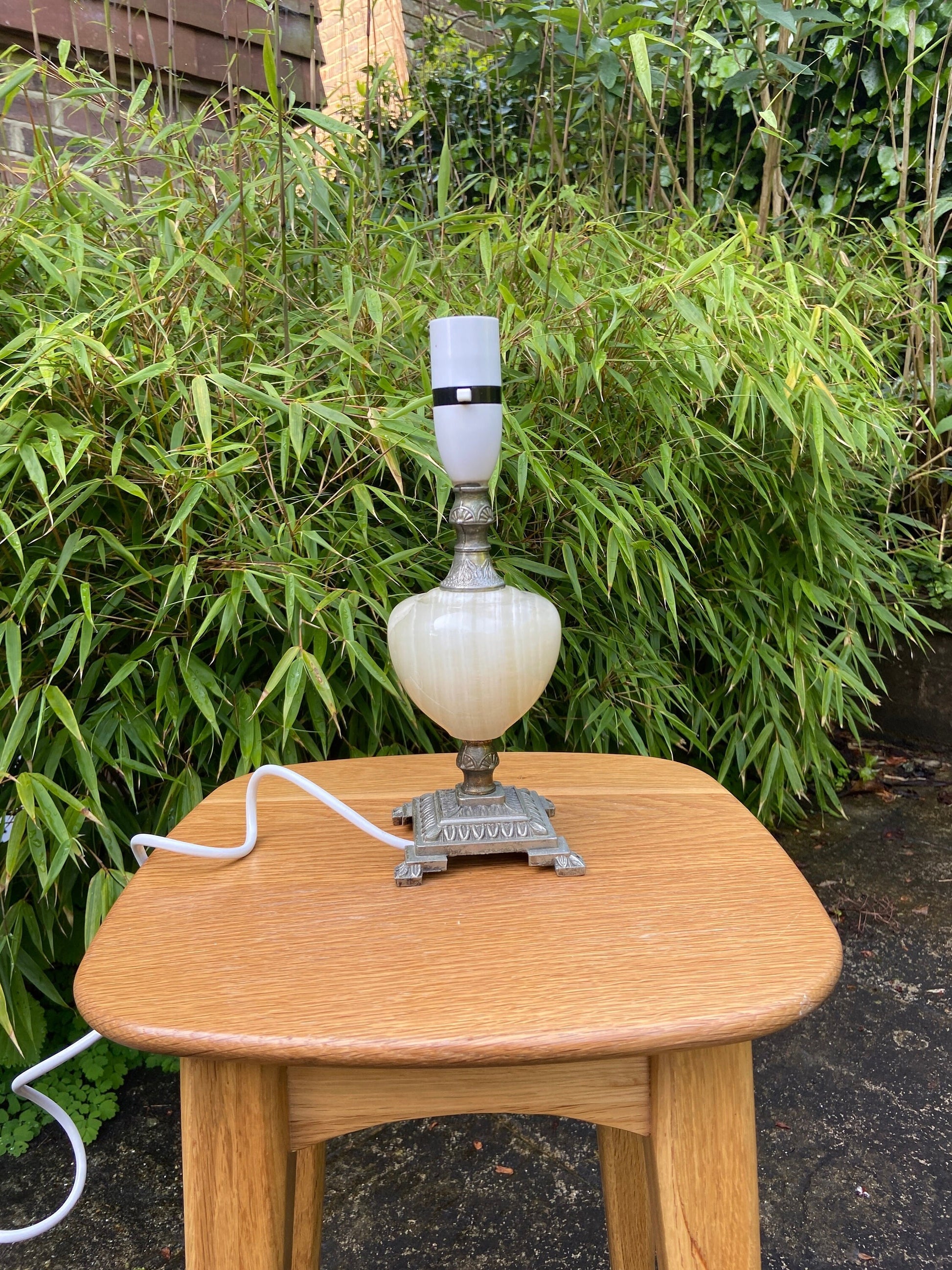 green and cream onyx lamp base withornate metal base and stem