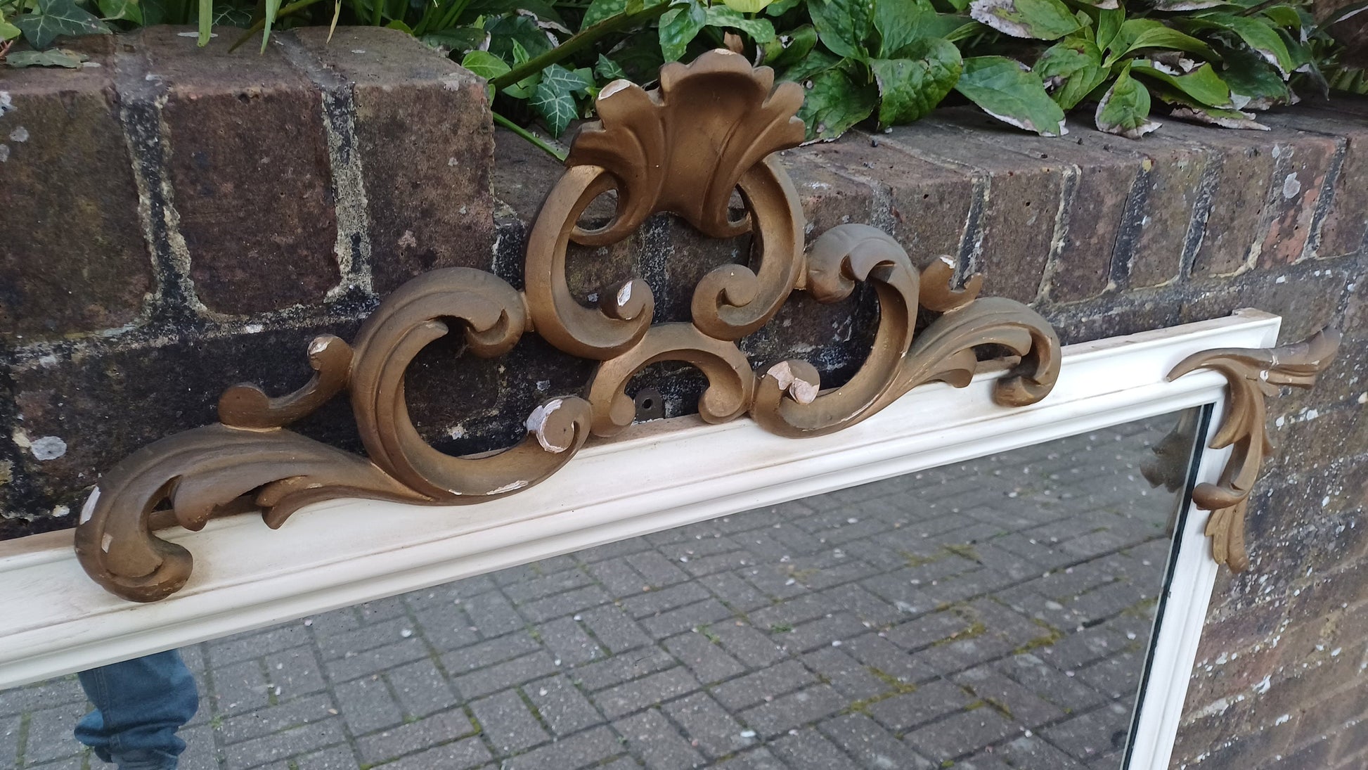 Large Vintage Gold and Painted Over Mnatel Mirror Victorian with Wonderful Carved Features.