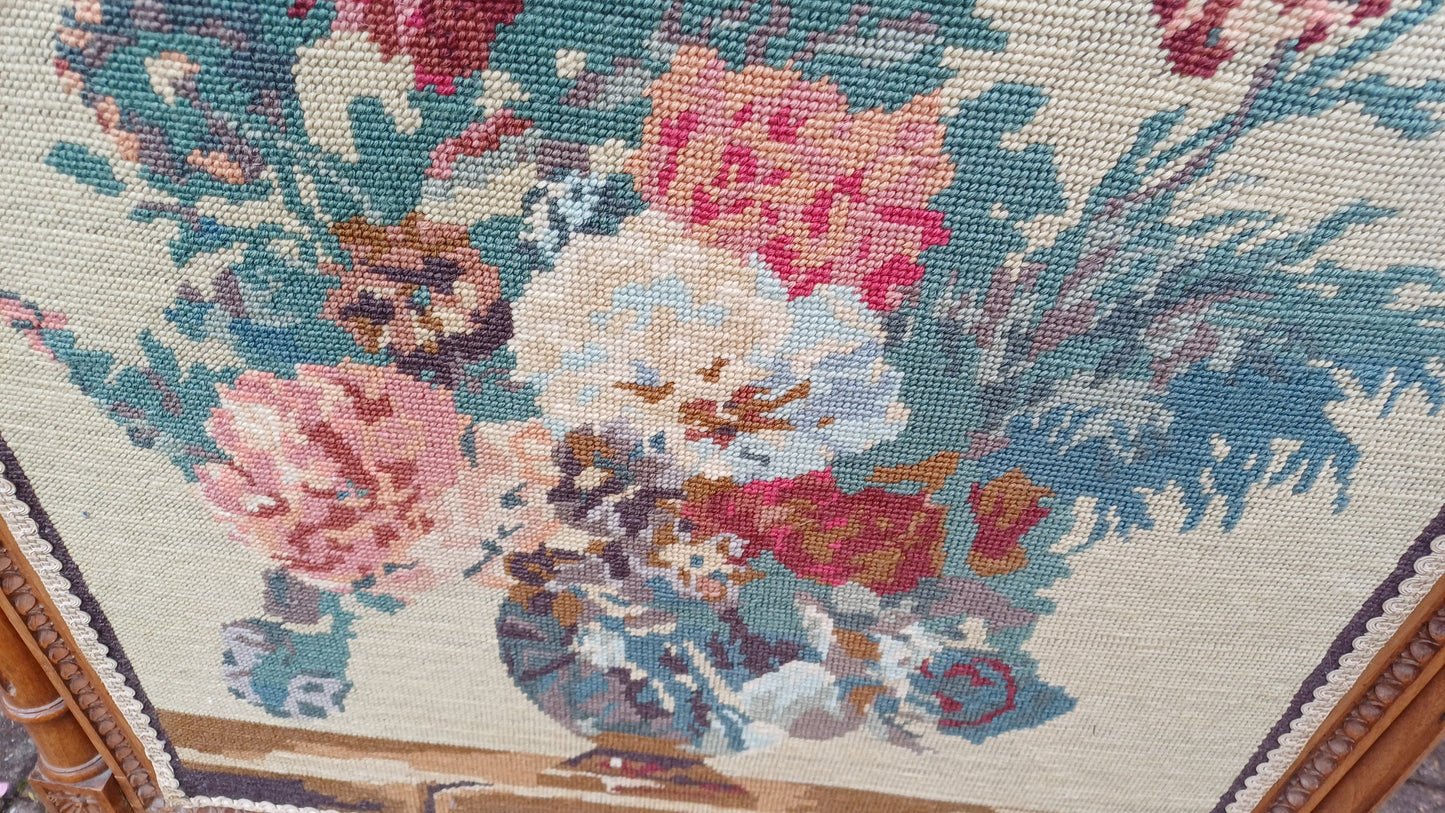 Vintage French Fruit Wood Quality Fire Screen Guard Still Life Tapestry Decoration.