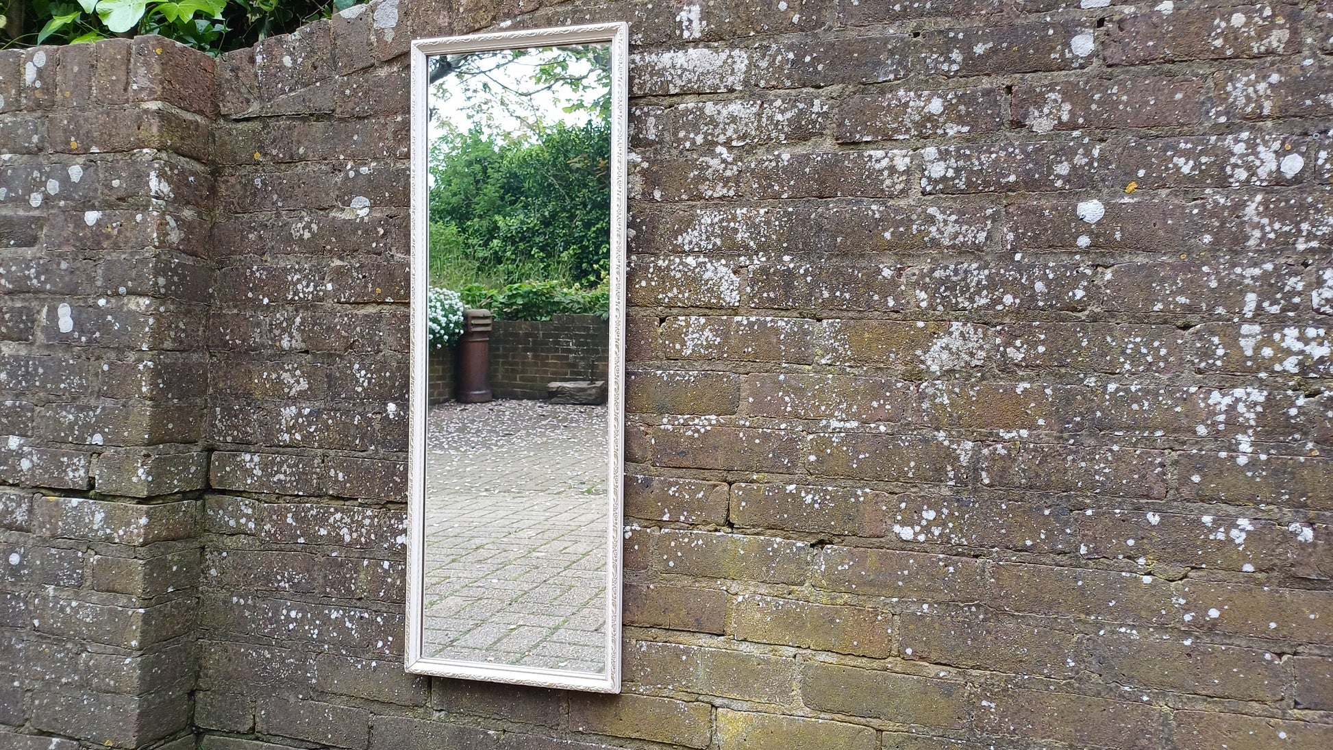Long Painted Vintage 70’s White and Gold Wall Mirror