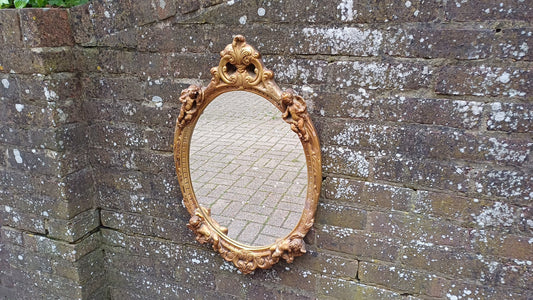 Vintage 60s Cherub Decorative Gold Oval Bevelled Mirror. Chunky.