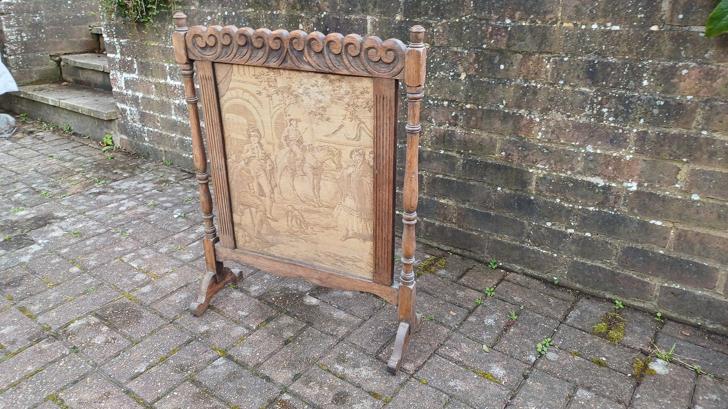 Superb Vintage Stripped Oak Tapestry Fire Screen