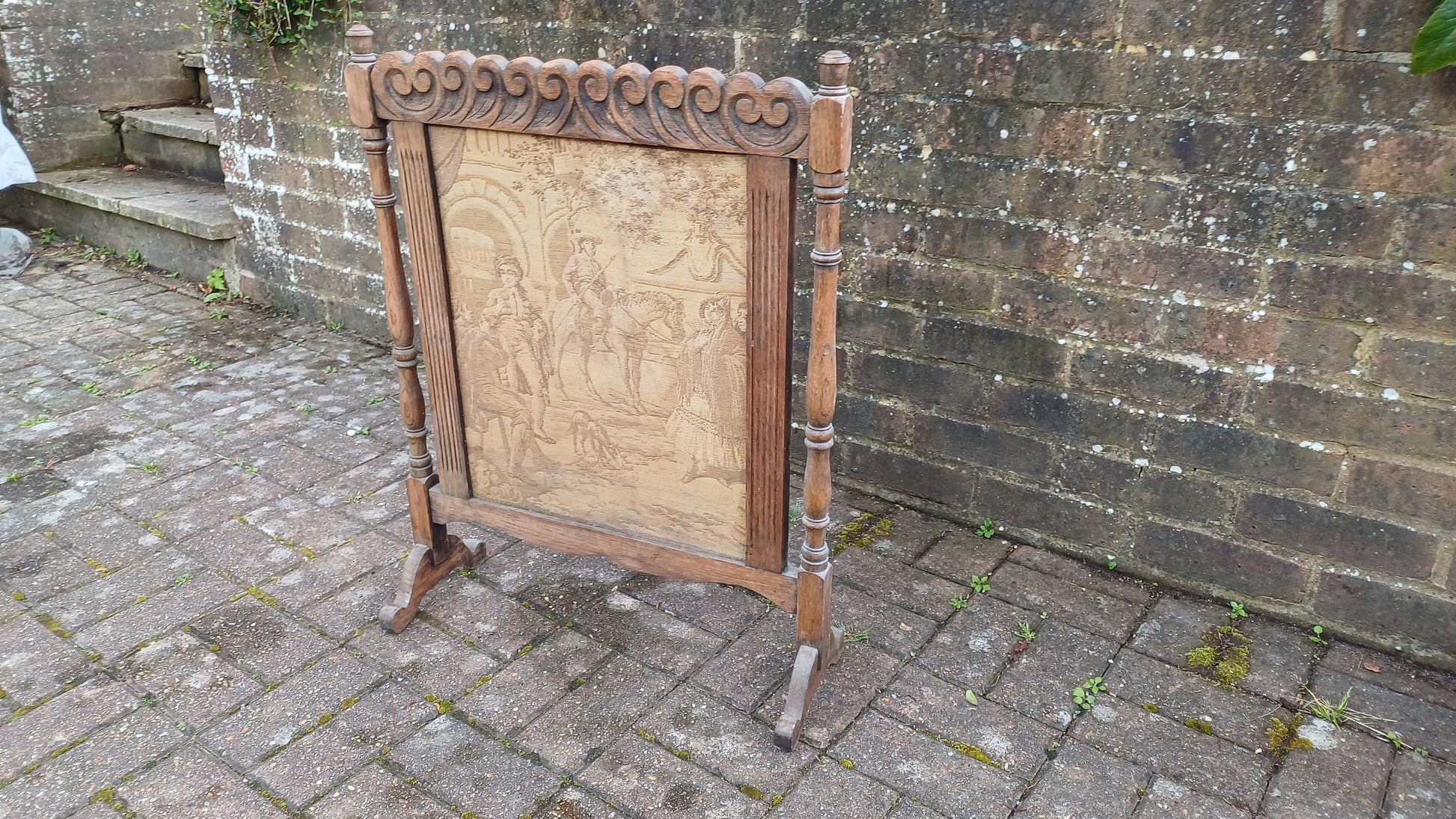 Superb Vintage Stripped Oak Tapestry Fire Screen