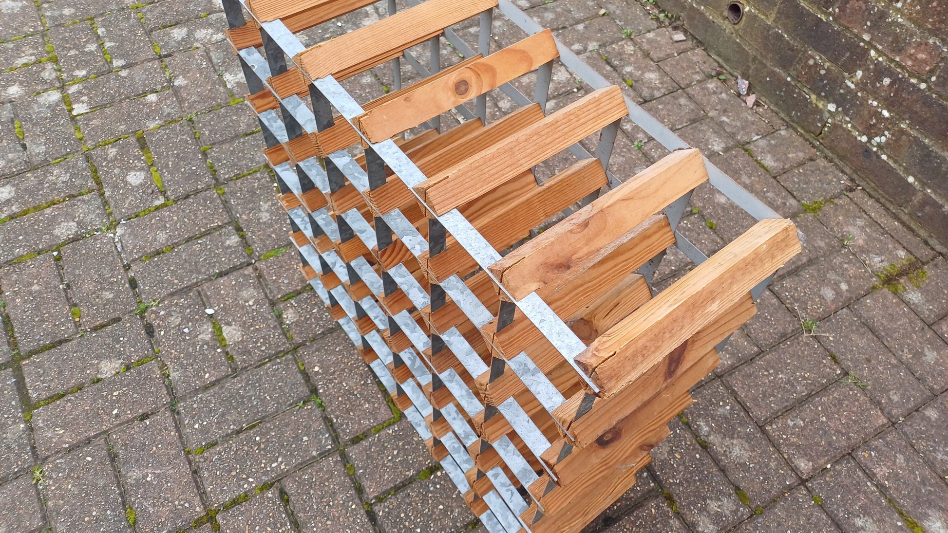 Large Vintage 70s Pine and Zinc Wine Rack Up to 43 Bottles