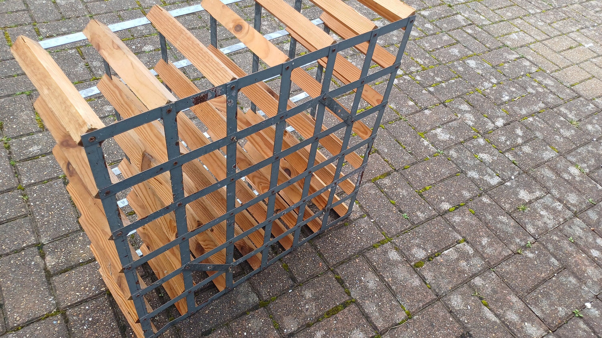Large Vintage 70s Pine and Zinc Wine Rack Up to 43 Bottles