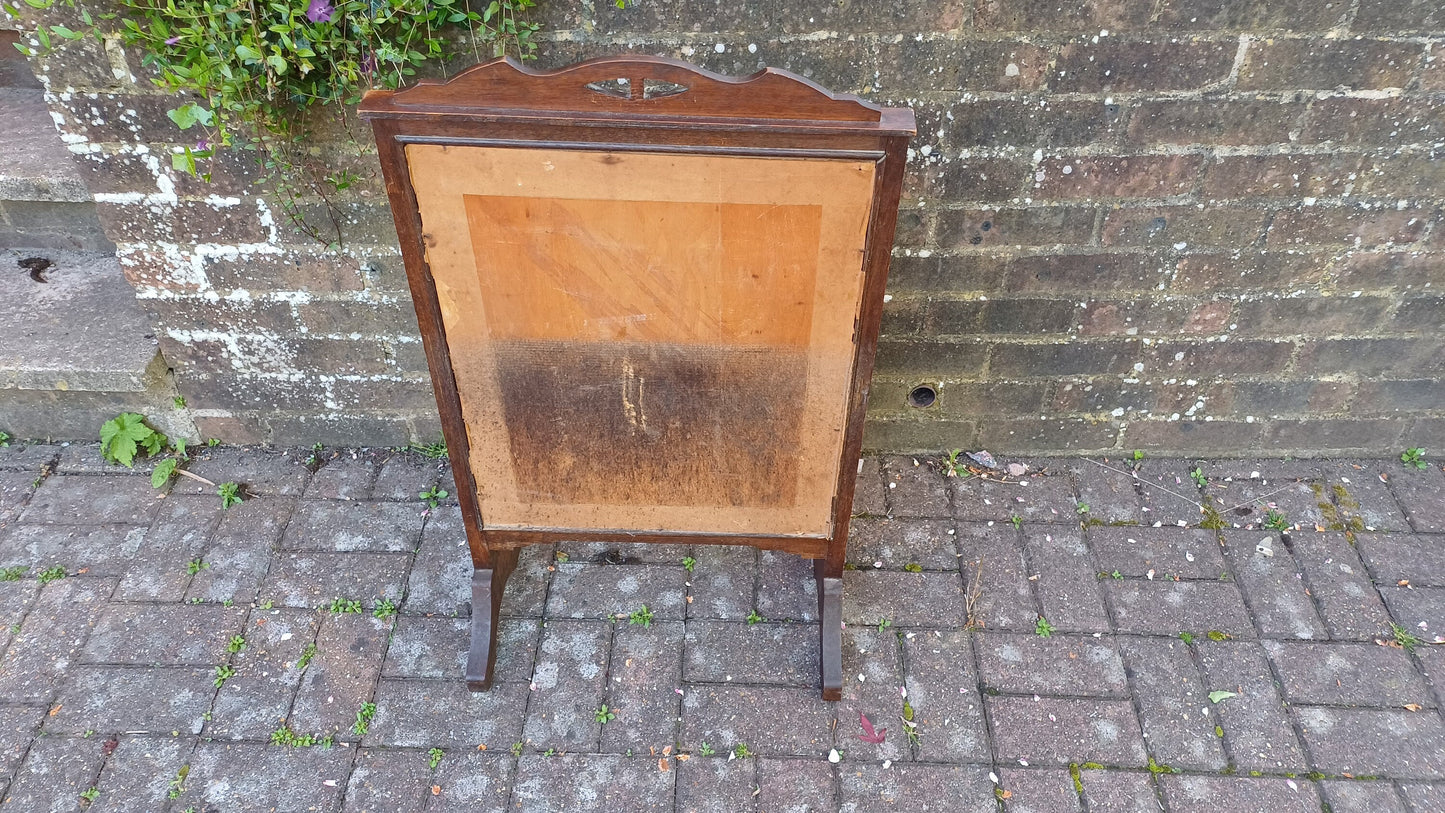 Vintage Oak Fire Screen 1920s Swiss Alps Tapestry Fire Guard Fireplace.