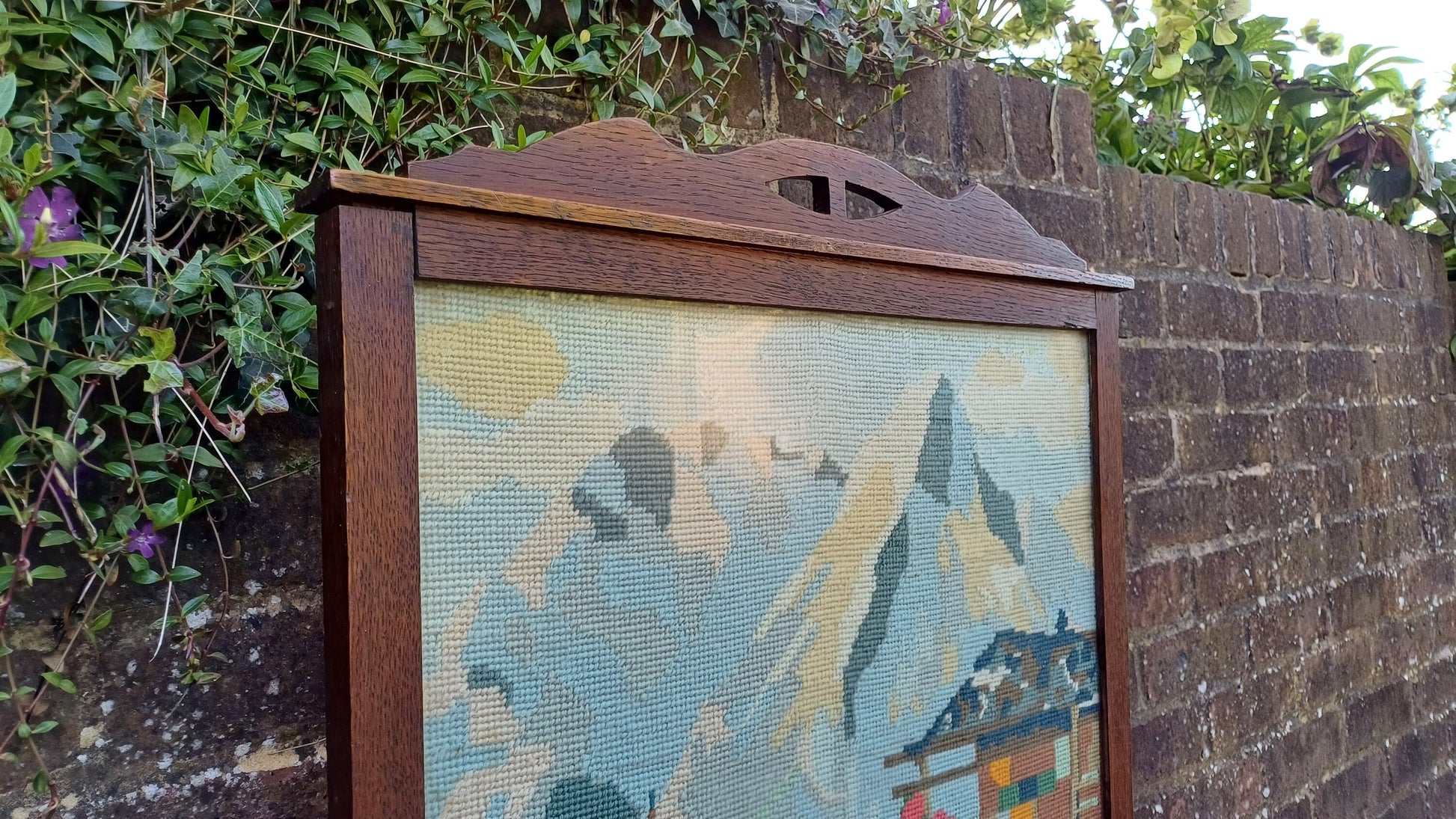 Vintage Oak Fire Screen 1920s Swiss Alps Tapestry Fire Guard Fireplace.