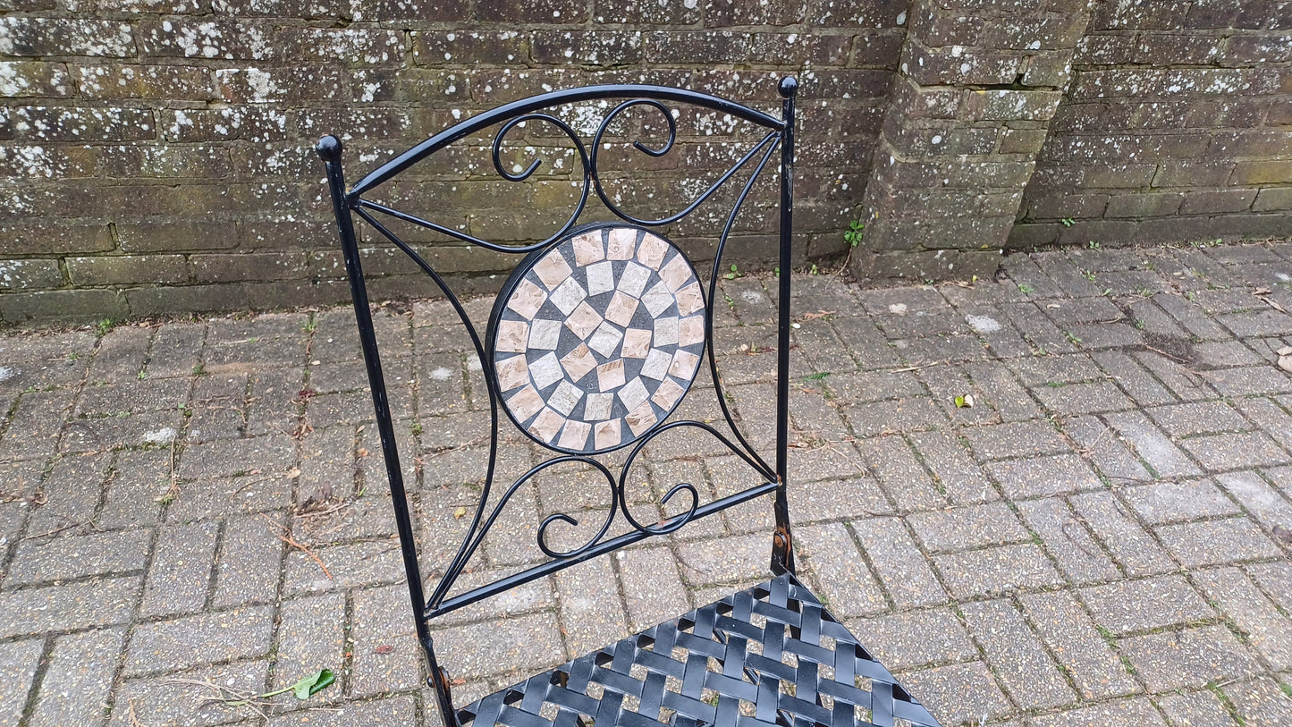Vintage Folding Heavy Metal Folding Garden Chairs with Bespoke Mosaic Decoration and Lattice Seat.