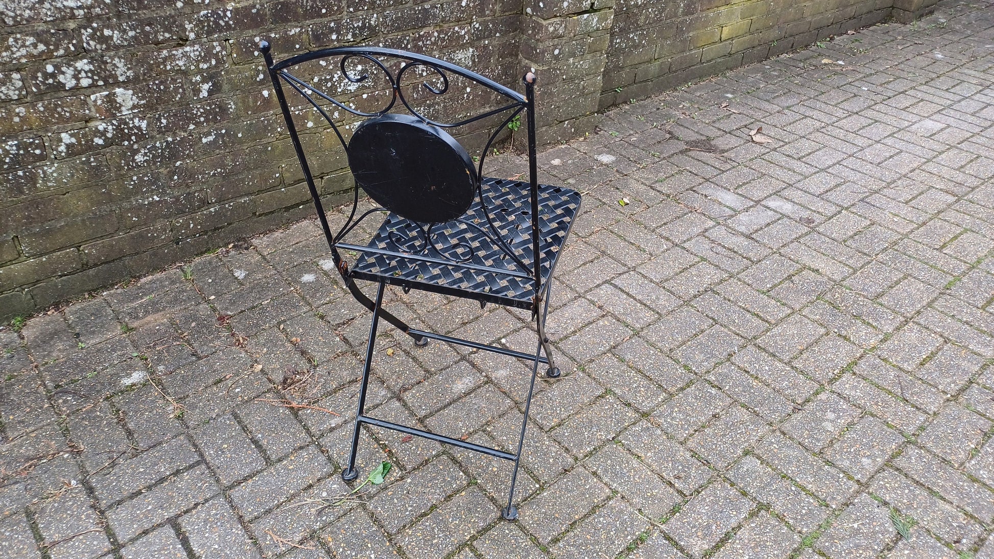 Vintage Folding Heavy Metal Folding Garden Chairs with Bespoke Mosaic Decoration and Lattice Seat.