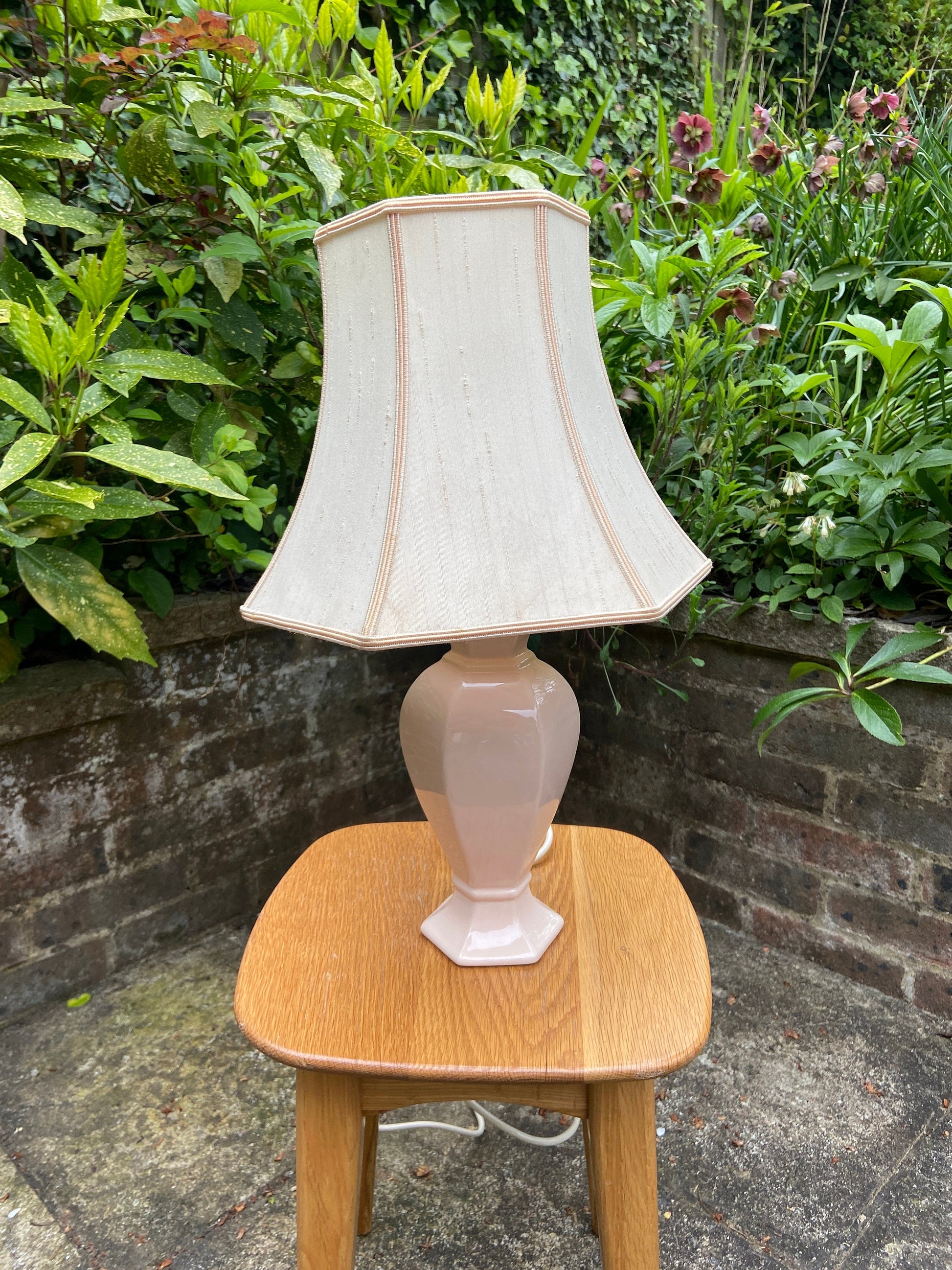 Vintage Baby Pink Pastel Pink St Michael’s ceramic glazed lamp base with vintage pink shade, table lamp, working vintage lamp