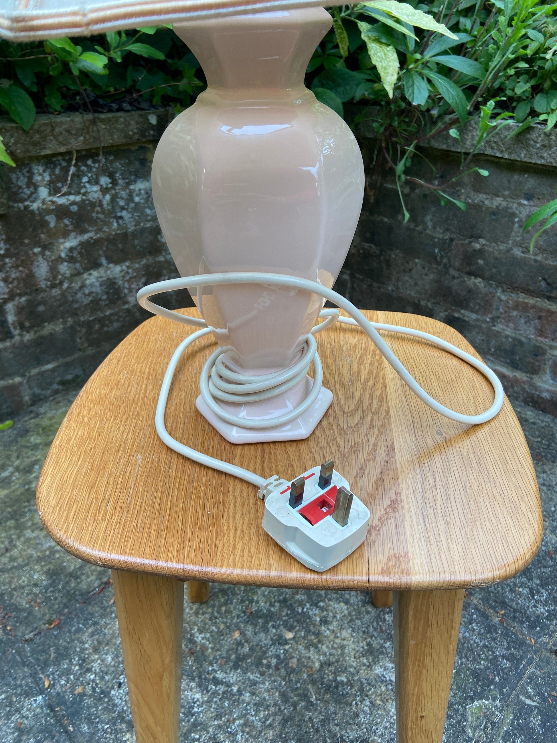 Vintage Baby Pink Pastel Pink St Michael’s ceramic glazed lamp base with vintage pink shade, table lamp, working vintage lamp