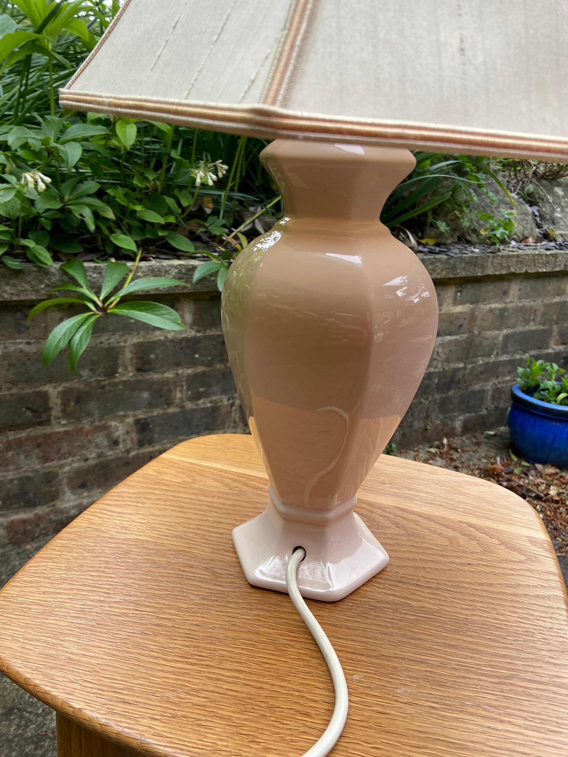 Vintage Baby Pink Pastel Pink St Michael’s ceramic glazed lamp base with vintage pink shade, table lamp, working vintage lamp